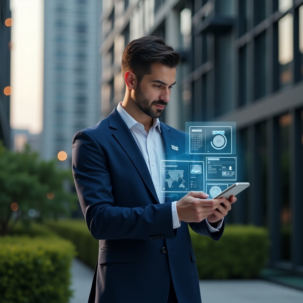 (Ultra-realistic condominium manager in a navy blue business suit, set in a modern luxury condominium environment with high-rise buildings and manicured green landscaping, interacting thoughtfully with a holographic app interface displaying chat notifications, reservation calendars, and financial charts, cinematic lighting, shallow depth of field, highly detailed textures, realistic skin, photographic realism, 8k resolution --ar 1:1 --v 6)