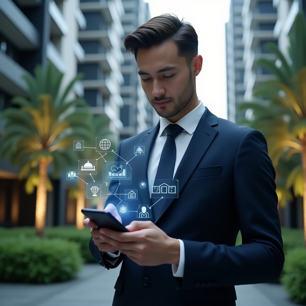 Ultra-realistic condominium manager in a navy blue tailored suit, set in a modern luxury condominium environment with high-rise buildings and well-maintained green landscaping, interacting with a holographic smartphone interface displaying condo management dashboards, floating icons of communication, security, reservations and finance modules, confident expression, cinematic lighting, shallow depth of field, highly detailed textures, realistic skin, photographic realism, 8k resolution --ar 1:1 --v 6