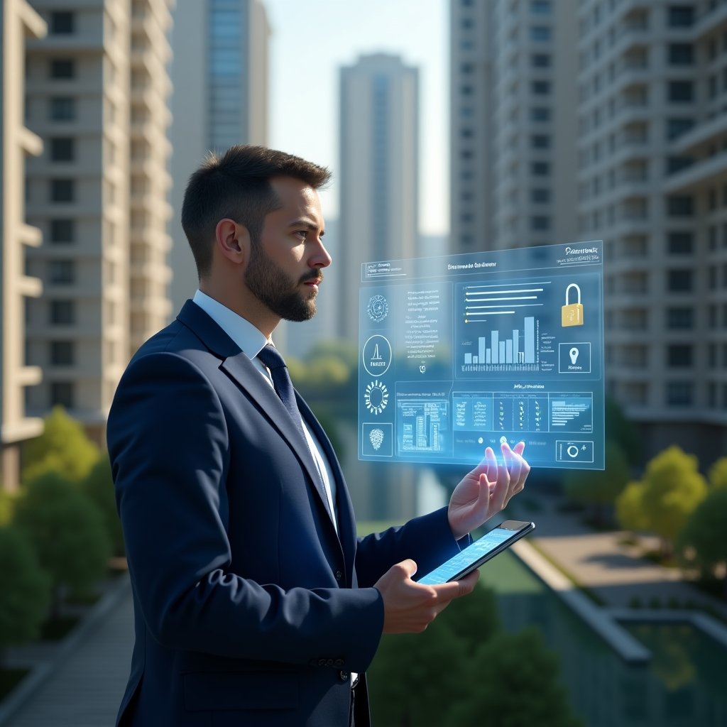 Ultra-realistic condominium manager in a navy blue suit, set in a modern luxury condominium environment with high-rise buildings and green landscaping, interacting with a floating holographic interface showing calendar reminders, financial charts and security icons, confidently analyzing data, cinematic lighting, shallow depth of field, highly detailed textures, realistic skin, photographic realism, 8k resolution --ar 1:1 --v 6