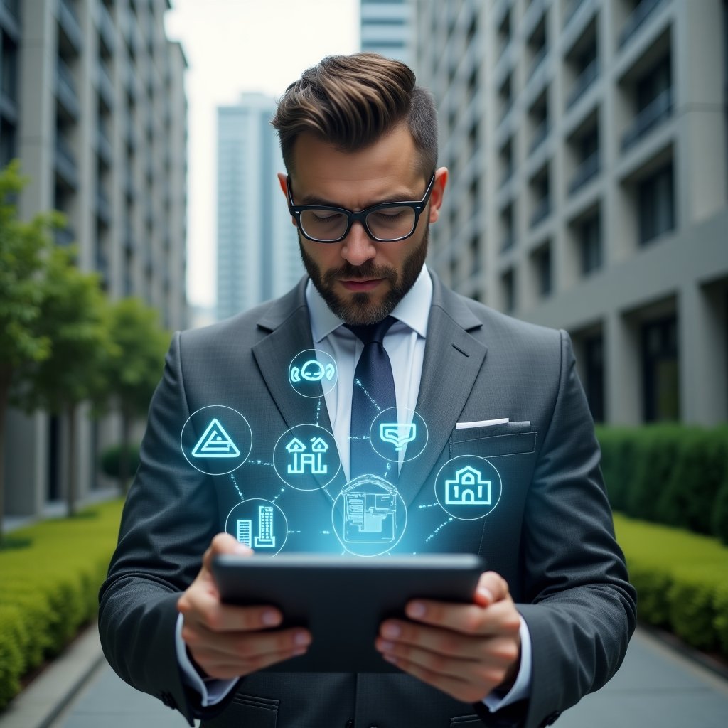 (Ultra-realistic condominium manager in a charcoal gray suit, set in a modern luxury condominium environment with high-rise buildings and well-manicured green landscaping, close-up of a confident property manager analyzing a tablet with holographic overlays of management charts and building icons symbolizing finance, communication, and security, cinematic lighting, shallow depth of field, highly detailed textures, realistic skin, photographic realism, 8k resolution --ar 1:1 --v 6)