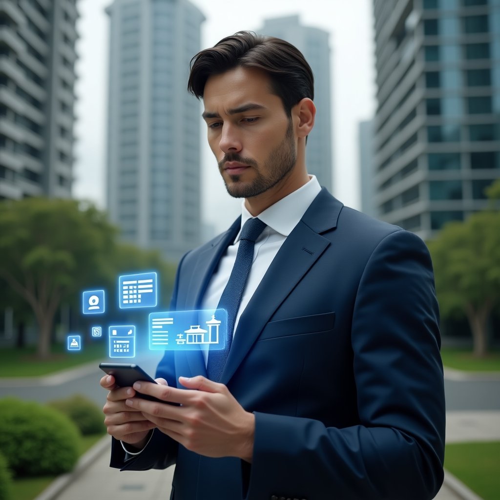 Ultra-realistic condominium manager in a navy blue suit, set in a modern luxury condominium environment with high-rise buildings and green landscaping, holding a smartphone projecting a holographic condominium management app interface with chat bubbles, calendar and financial chart icons, confident and focused expression, cinematic lighting, shallow depth of field, highly detailed textures, realistic skin, photographic realism, 8k resolution --ar 1:1 --v 6