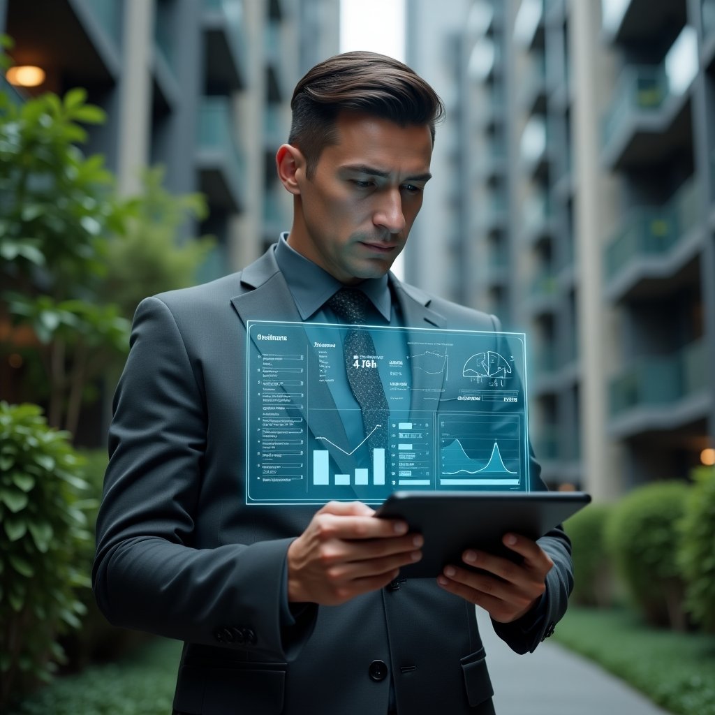 Ultra-realistic condominium manager in a charcoal gray suit, set in a modern luxury condominium environment with high-rise buildings and lush green landscaping, inspecting a floating holographic apartment management dashboard projected from a tablet, glowing app icons for maintenance requests and financial charts hovering beside, confident and focused expression, cinematic lighting, shallow depth of field, highly detailed textures, realistic skin, photographic realism, 8k resolution --ar 1:1 --v 6