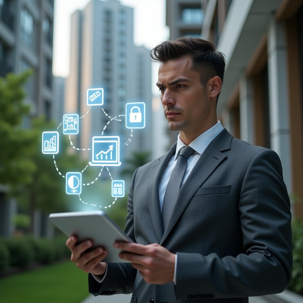 (Ultra-realistic condominium manager in a charcoal gray suit, set in a modern luxury condominium environment with high-rise buildings and lush green landscaping, holding a transparent tablet projecting floating holographic icons of a chat bubble, financial chart, calendar and padlock, looking focused and confident, cinematic lighting, shallow depth of field, highly detailed textures, realistic skin, photographic realism, 8k resolution --ar 1:1 --v 6)