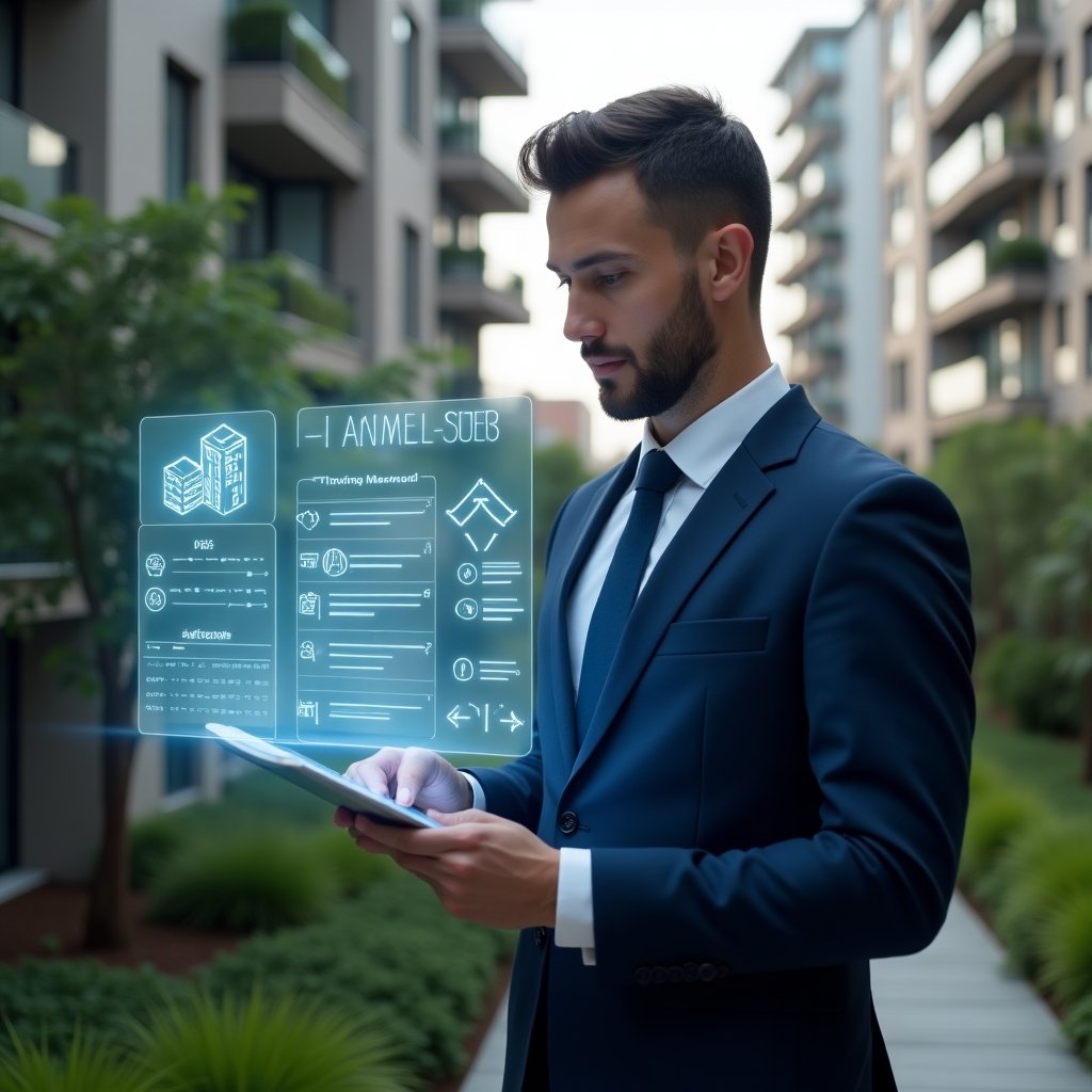Ultra-realistic condominium manager in a navy blue business suit, set in a modern luxury condominium environment with high-rise buildings and lush green landscaping, holding a digital tablet displaying a holographic app dashboard and a checklist titled “7 Signs”, confidently analyzing the data, floating icons of a condo, bar graphs and notification symbols around him, cinematic lighting, shallow depth of field, highly detailed textures, realistic skin, photographic realism, 8k resolution --ar 1:1 --v 6