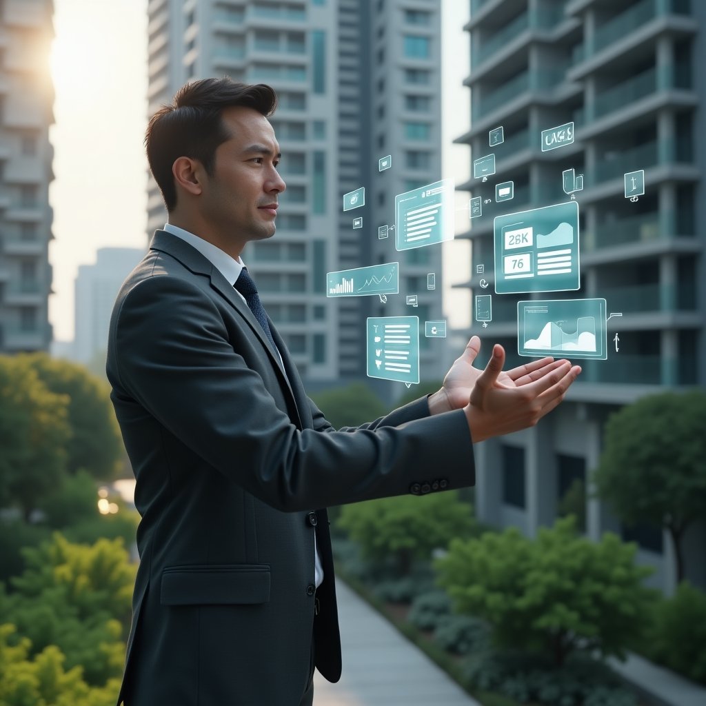 (Ultra-realistic condominium manager in a charcoal gray suit, set in a modern luxury condominium environment with high-rise buildings and lush green landscaping, confidently interacting with a transparent holographic interface showing icons for calendar reservations, payment graphs, chat bubbles and building analytics, cinematic lighting, shallow depth of field, highly detailed textures, realistic skin, photographic realism, 8k resolution --ar 1:1 --v 6)