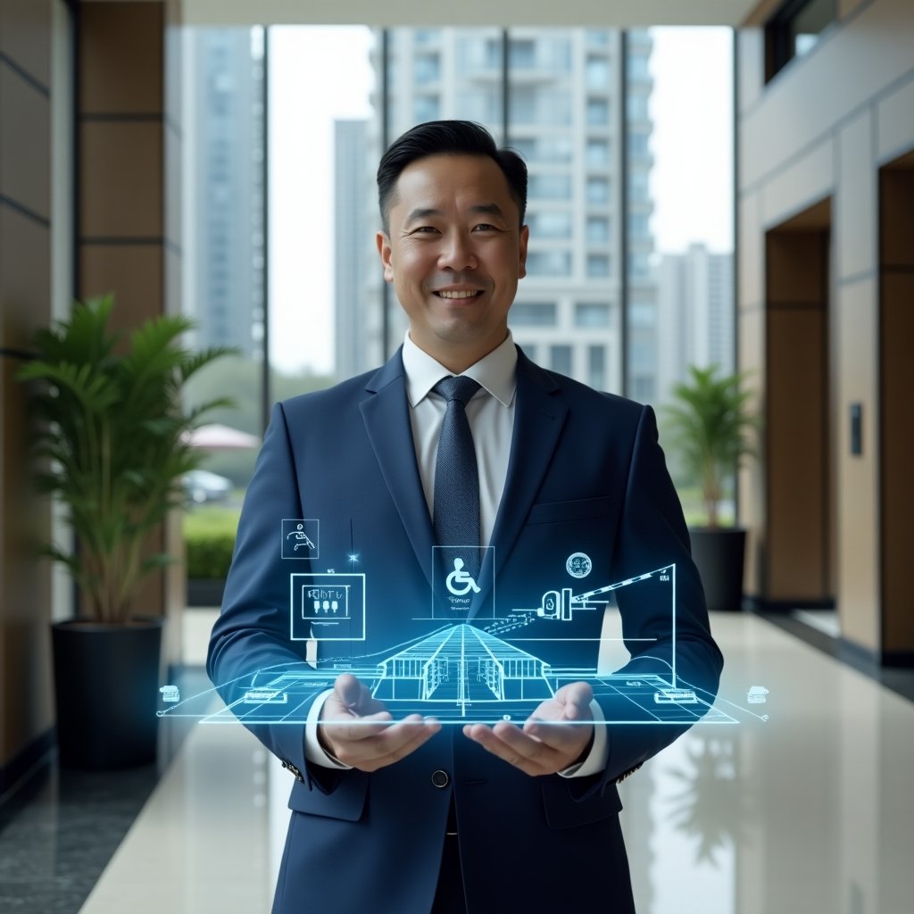 (Ultra-realistic condominium manager in a navy blue tailored suit, set in a modern luxury condominium lobby with high-rise buildings visible through floor-to-ceiling windows and manicured greenery, presenting a holographic blueprint of accessible ramps and elevator controls, floating wheelchair icon and braille signage as thematic elements, confident and welcoming expression, cinematic lighting, shallow depth of field, highly detailed textures, realistic skin, photographic realism, 8k resolution --ar 1:1 --v 6)