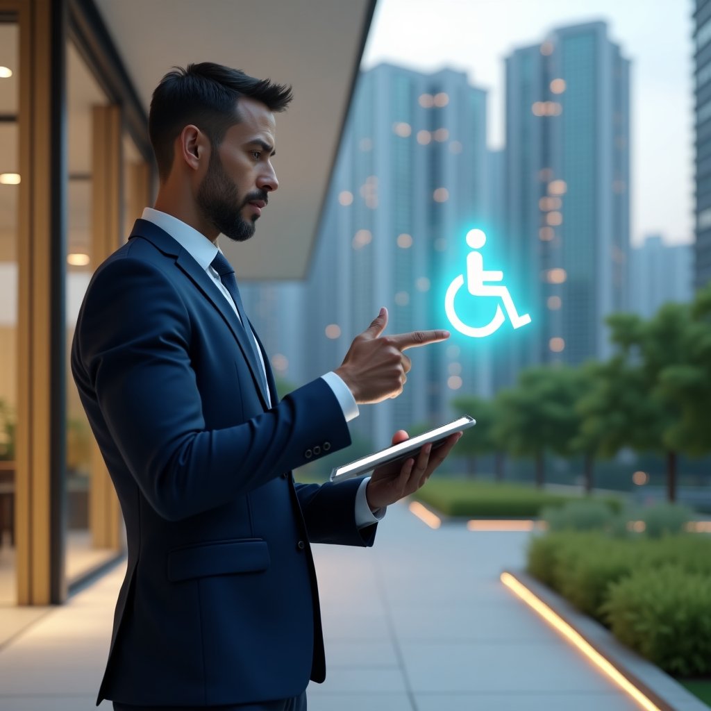 Ultra-realistic condominium manager in a navy blue tailored suit, set in a modern luxury condominium environment with high-rise buildings and lush green landscaping, medium close-up of a confident professional pointing toward a wheelchair ramp while holding a digital tablet, a glowing holographic accessibility icon floating beside them, cinematic lighting, shallow depth of field, highly detailed textures, realistic skin, photographic realism, 8k resolution --ar 1:1 --v 6