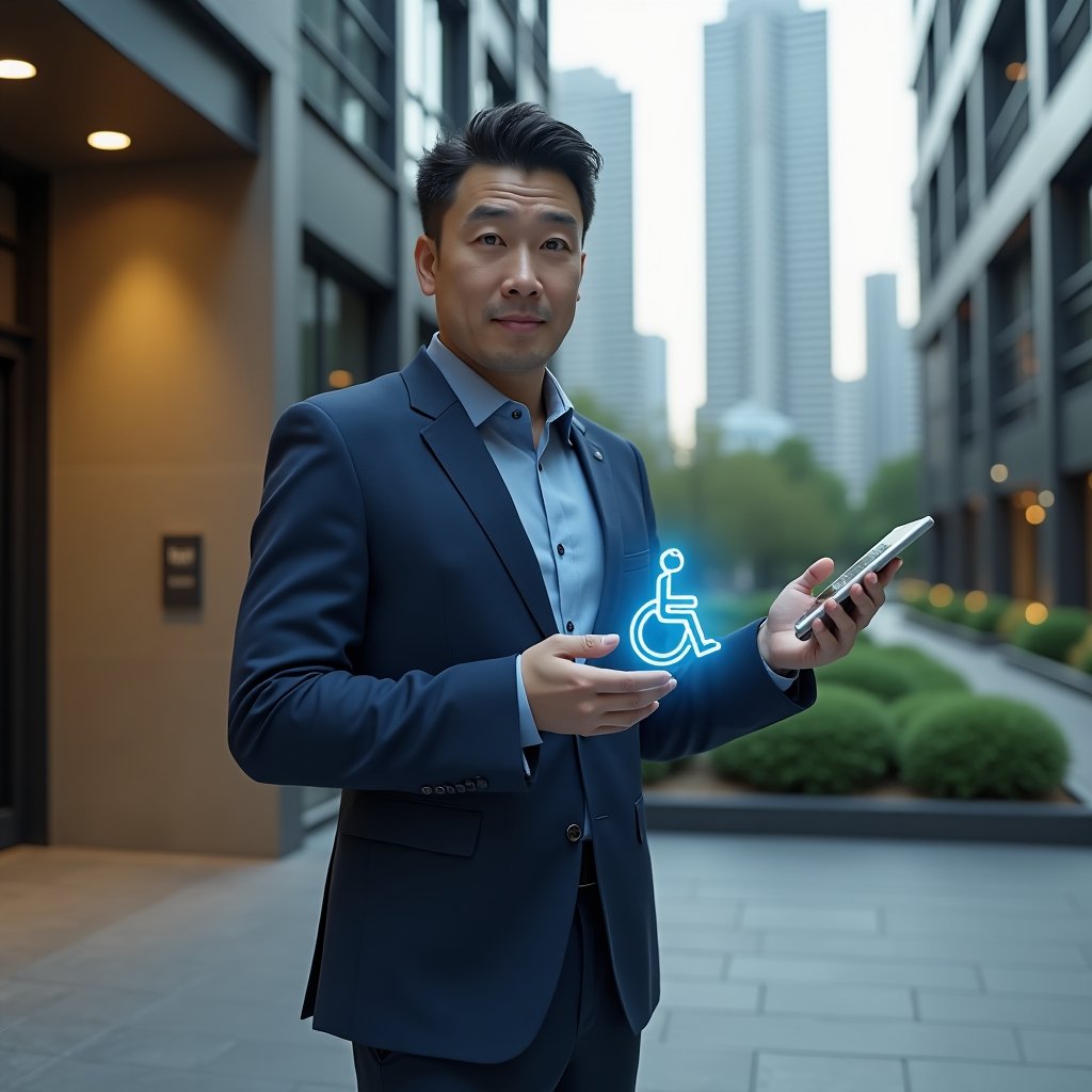 Ultra-realistic condominium manager in a navy-blue tailored suit, set in a modern luxury condominium environment with high-rise buildings and green landscaping, holding a tablet and gesturing confidently toward a ramp entrance, with a floating holographic wheelchair accessibility icon and braille signage, cinematic lighting, shallow depth of field, highly detailed textures, realistic skin, photographic realism, 8k resolution --ar 1:1 --v 6