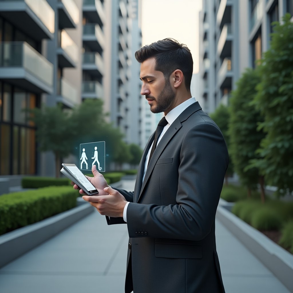 (Ultra-realistic condominium manager in a charcoal gray executive suit, set in a modern luxury condominium environment with high-rise buildings and manicured green landscaping, standing by an accessible ramp, holding a tablet projecting a holographic wheelchair symbol and condo management app interface, confidently thoughtful, cinematic lighting, shallow depth of field, highly detailed textures, realistic skin, photographic realism, 8k resolution --ar 1:1 --v 6)