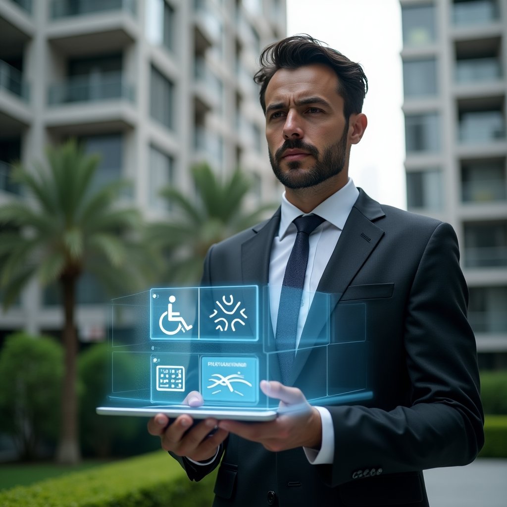(Ultra-realistic condominium manager in a tailored charcoal suit, set in a modern luxury condominium environment with high-rise buildings and lush green landscaping, holding a tablet displaying holographic accessibility icons such as a wheelchair symbol and braille signage over architectural blueprints, confident and thoughtful expression, cinematic lighting, shallow depth of field, highly detailed textures, realistic skin, photographic realism, 8k resolution --ar 1:1 --v 6)