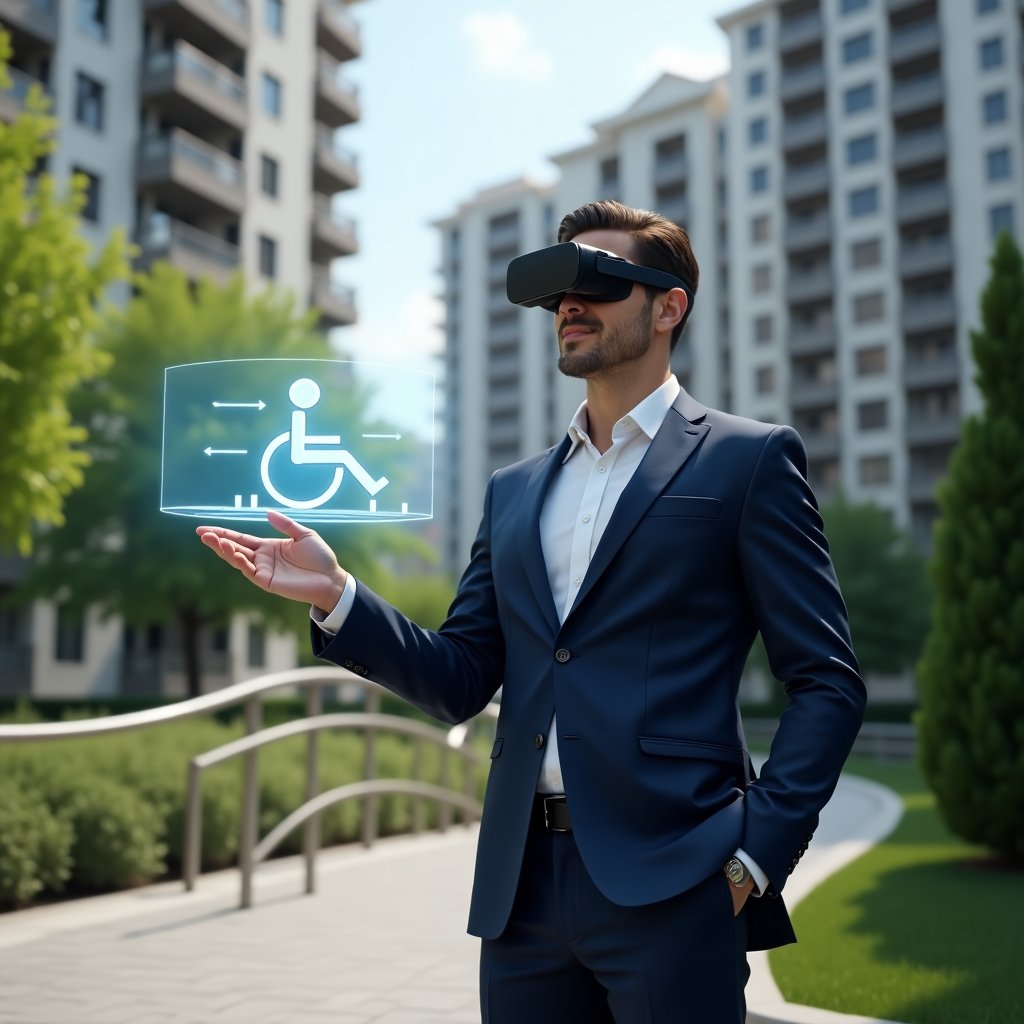 (Ultra-realistic condominium manager in a tailored navy suit, medium shot in a modern luxury condominium environment with high-rise buildings and lush green landscaping, confidently pointing at a holographic wheelchair and ramp icon floating beside a newly installed access ramp, conveying inclusive accessibility solutions, cinematic lighting, shallow depth of field, highly detailed textures, realistic skin, photographic realism, 8k resolution --ar 1:1 --v 6)