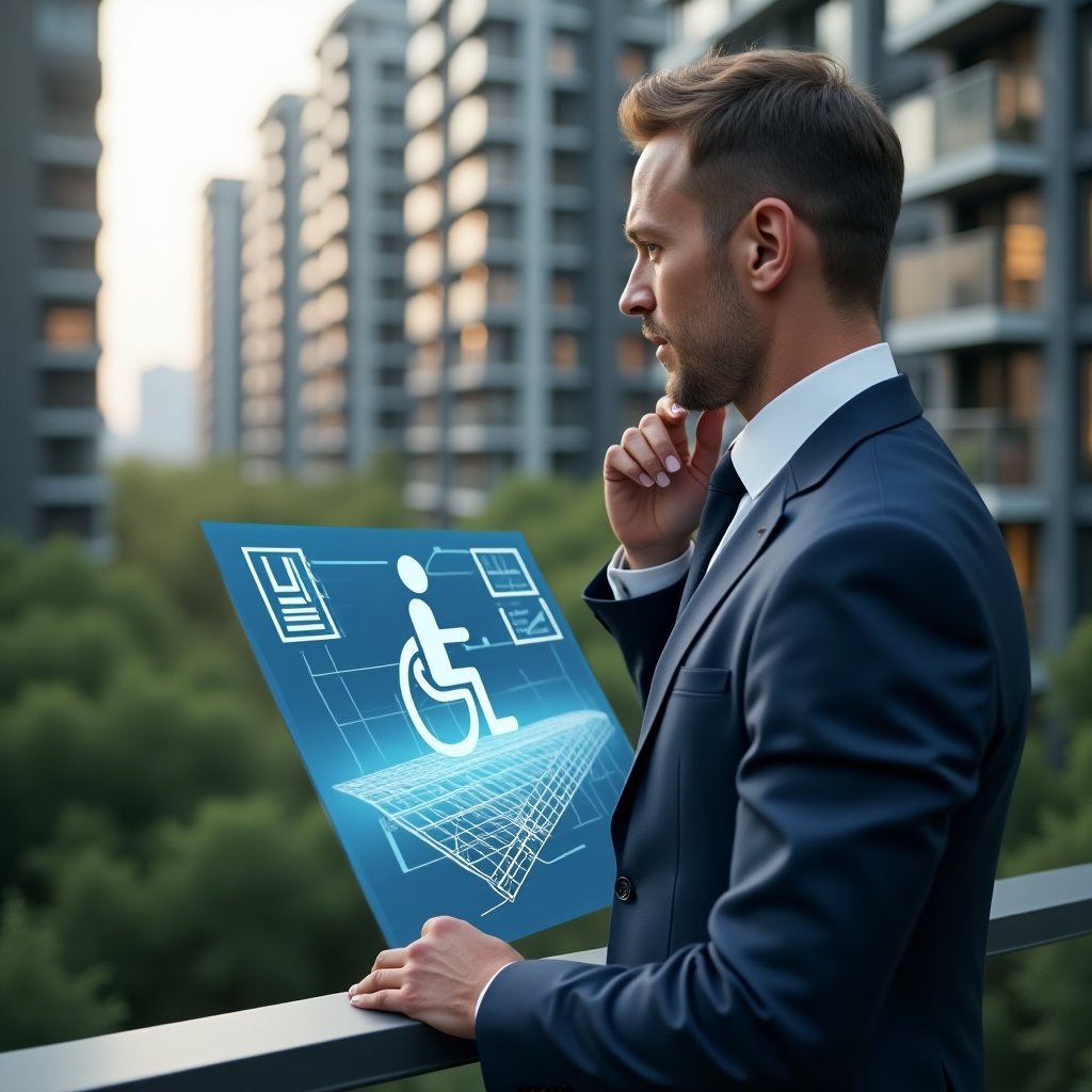 Ultra-realistic condominium manager in a navy blue executive suit, set in a modern luxury condominium environment with high-rise buildings and lush green landscaping, thoughtfully examining a digital blueprint of an accessible ramp while a holographic wheelchair icon and tactile flooring symbols float beside him, cinematic lighting, shallow depth of field, highly detailed textures, realistic skin, photographic realism, 8k resolution --ar 1:1 --v 6