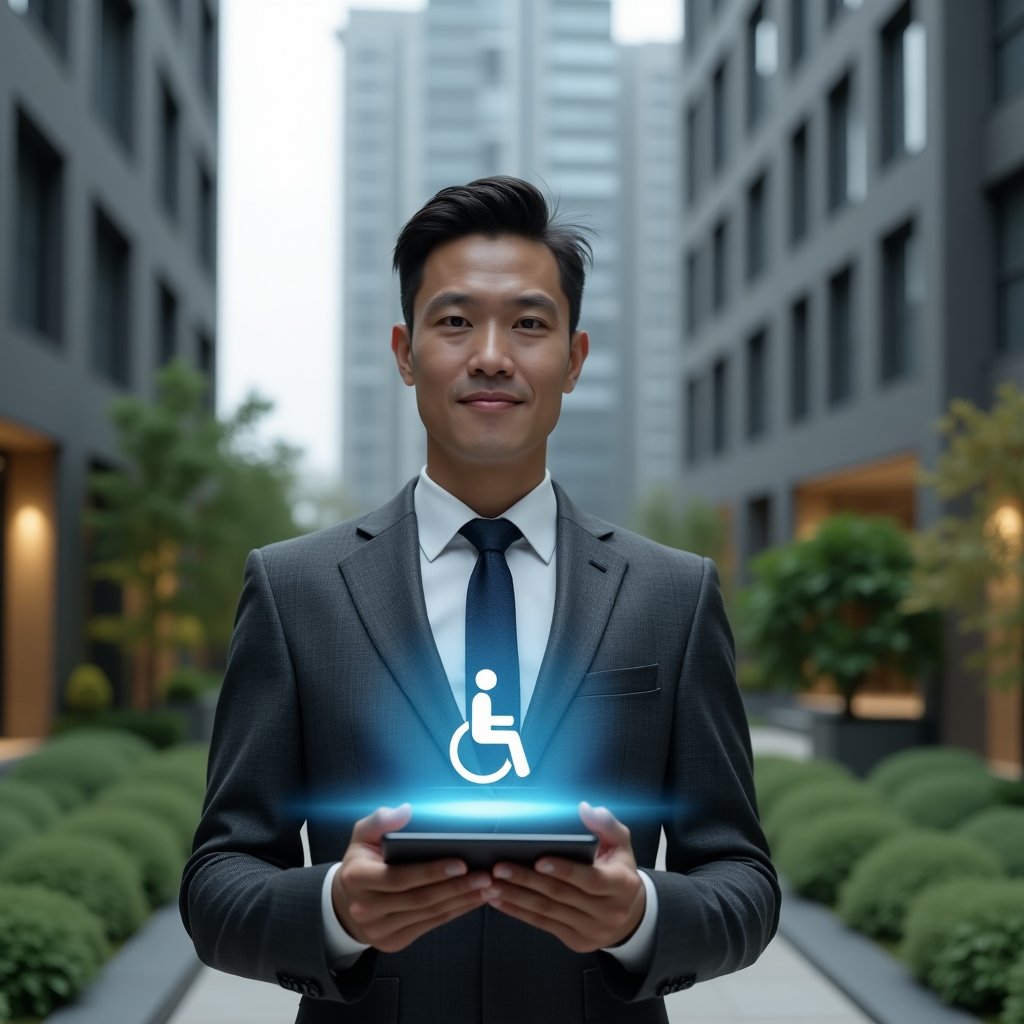 Ultra-realistic condominium manager in a charcoal gray tailored suit, set in a modern luxury condominium environment with high-rise buildings and well-kept green landscaping, holding a tablet displaying an inclusive condominium app interface and projecting a holographic wheelchair accessibility icon, confident and thoughtful expression, cinematic lighting, shallow depth of field, highly detailed textures, realistic skin, photographic realism, 8k resolution --ar 1:1 --v 6