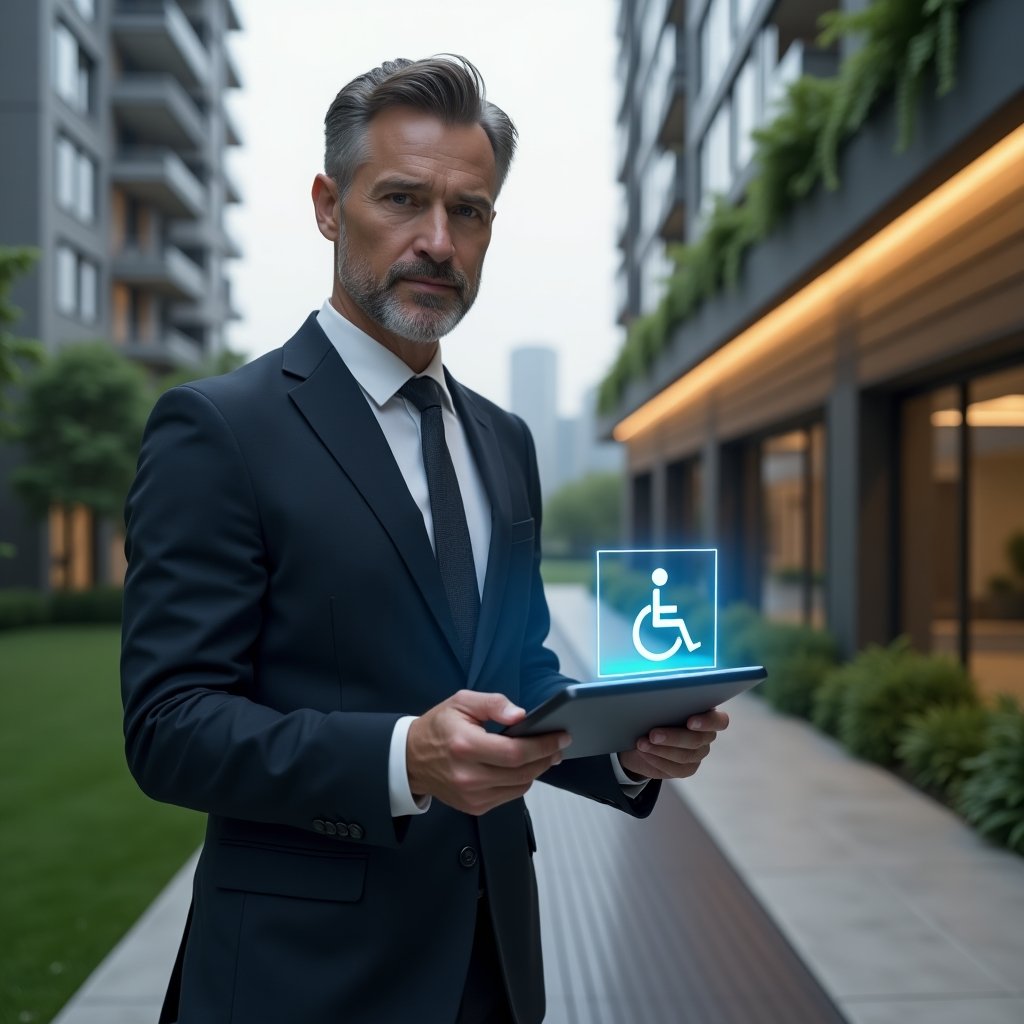 (Ultra-realistic condominium manager in a dark navy suit, set in a modern luxury condominium environment with high-rise buildings and lush green landscaping, inspecting an accessibility ramp while holding a tablet displaying a holographic accessibility icon, confident and determined expression conveying commitment to inclusion, cinematic lighting, shallow depth of field, highly detailed textures, realistic skin, photographic realism, 8k resolution --ar 1:1 --v 6)