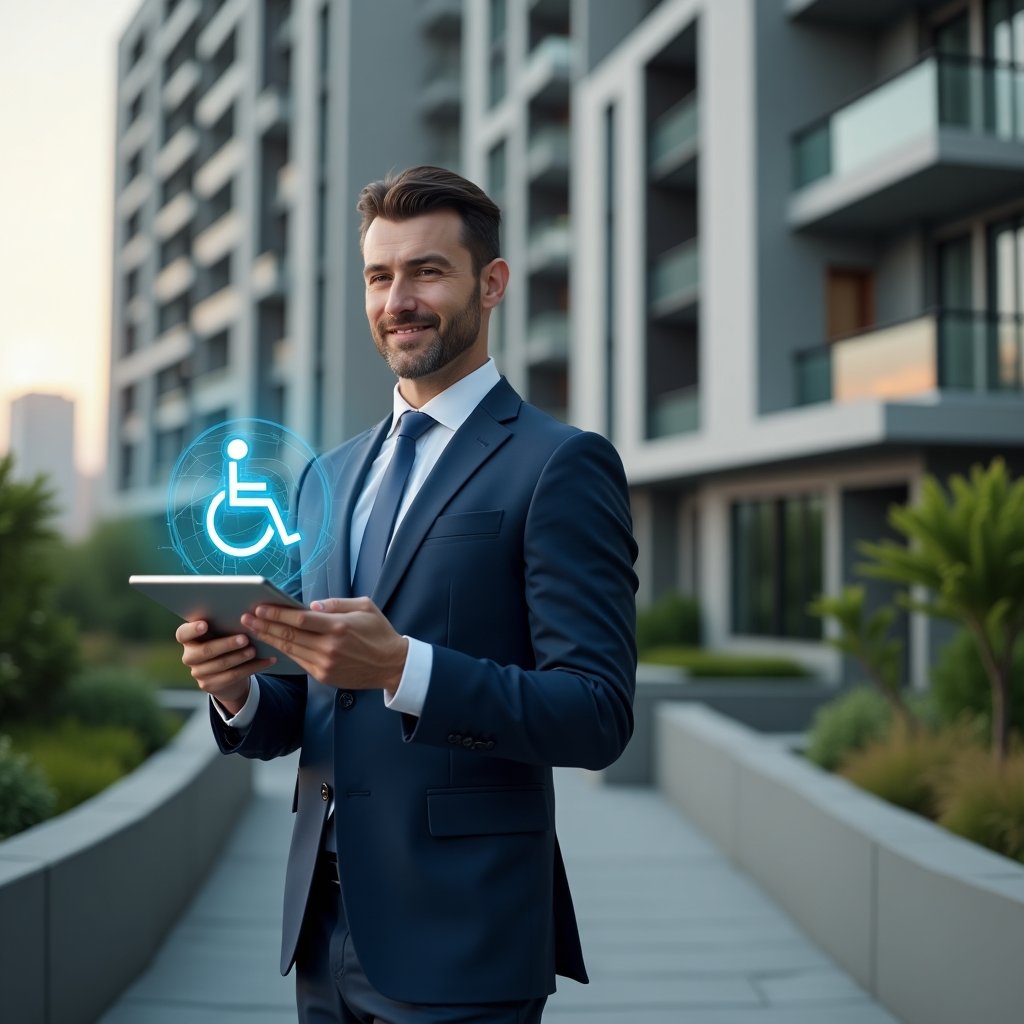 (Ultra-realistic condominium manager in a navy blue suit, set in a modern luxury condominium environment with high-rise buildings and green landscaping, inspecting an accessible ramp while holding a digital tablet displaying accessibility plans, holographic wheelchair accessibility icon floating nearby, confident and welcoming expression, cinematic lighting, shallow depth of field, highly detailed textures, realistic skin, photographic realism, 8k resolution --ar 1:1 --v 6)