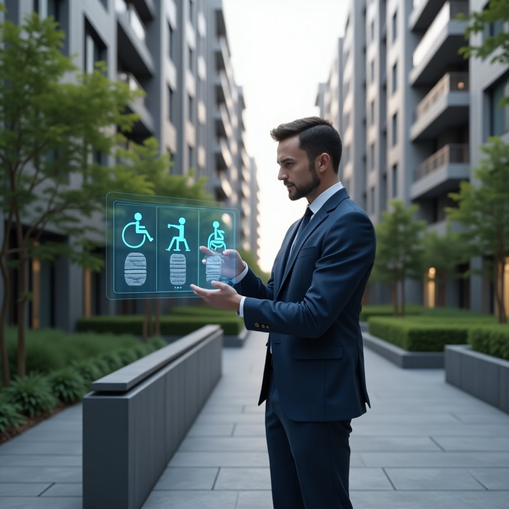 (Ultra-realistic condominium manager in a sleek navy executive suit, set in a modern luxury condominium environment with high-rise buildings and lush green landscaping, examining an accessible ramp while interacting with a holographic condominium management app interface displaying wheelchair symbols and tactile paving icons, confident and focused expression, cinematic lighting, shallow depth of field, highly detailed textures, realistic skin, photographic realism, 8k resolution --ar 1:1 --v 6)