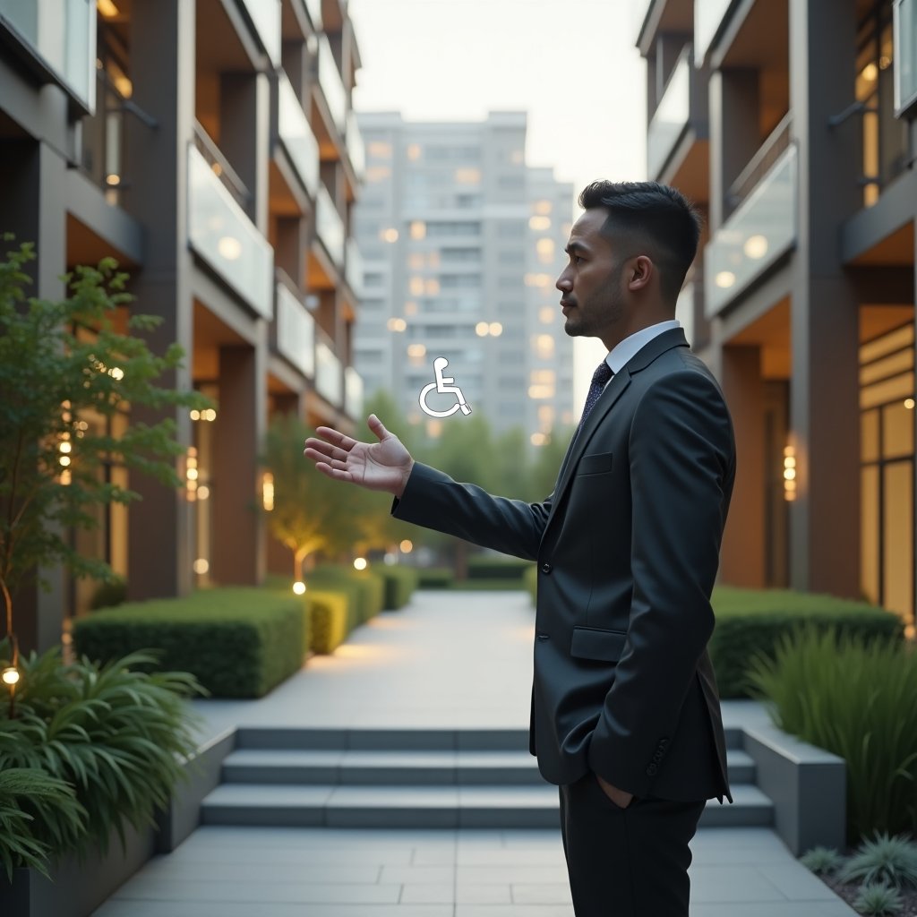 Ultra-realistic condominium manager in a tailored dark gray suit, set in a modern luxury condominium environment with high-rise buildings and lush green landscaping, confidently gesturing toward an accessible ramp with a semi-transparent wheelchair icon hologram, warm and inclusive atmosphere, cinematic lighting, shallow depth of field, highly detailed textures, realistic skin, photographic realism, 8k resolution --ar 1:1 --v 6