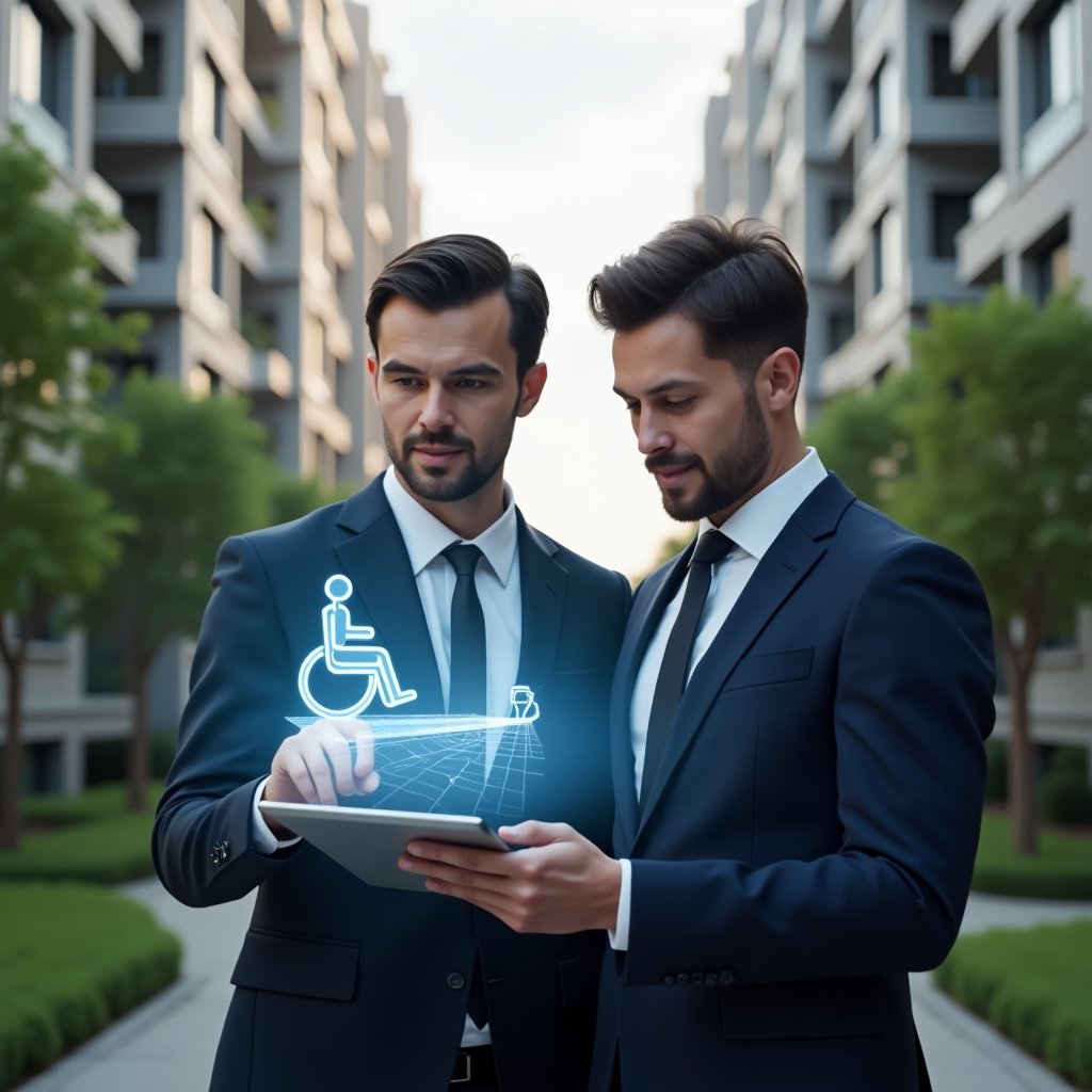 (Ultra-realistic condominium manager in a navy tailored suit, set in a modern luxury condominium environment with high-rise buildings and lush green landscaping, reviewing a ramp blueprint on a tablet while pointing thoughtfully, floating holographic wheelchair and tactile paving icons beside them to symbolize accessibility, cinematic lighting, shallow depth of field, highly detailed textures, realistic skin, photographic realism, 8k resolution --ar 1:1 --v 6)