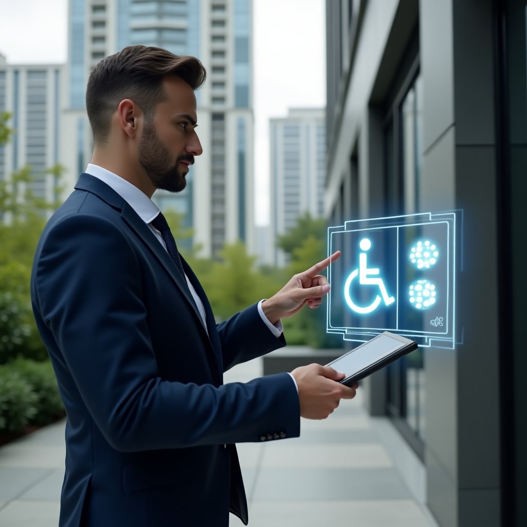 Ultra-realistic condominium manager in a navy blue suit, set in a modern luxury condominium environment with high-rise buildings and green landscaping, confidently holding a tablet and pointing at a wheelchair ramp entrance while a holographic wheelchair and Braille signage icon float beside, inspiring inclusive design for all residents, cinematic lighting, shallow depth of field, highly detailed textures, realistic skin, photographic realism, 8k resolution --ar 1:1 --v 6