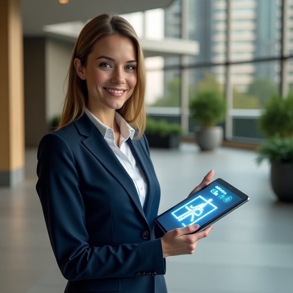 Ultra-realistic female condo manager in a navy blue business suit, set in a modern luxury condominium environment with high-rise buildings and well-manicured gardens, standing in a spacious lobby, holding a tablet projecting a holographic wheelchair access ramp design and elevator button icons, confident and optimistic expression, cinematic lighting, shallow depth of field, highly detailed textures, realistic skin, photographic realism, 8k resolution --ar 1:1 --v 6