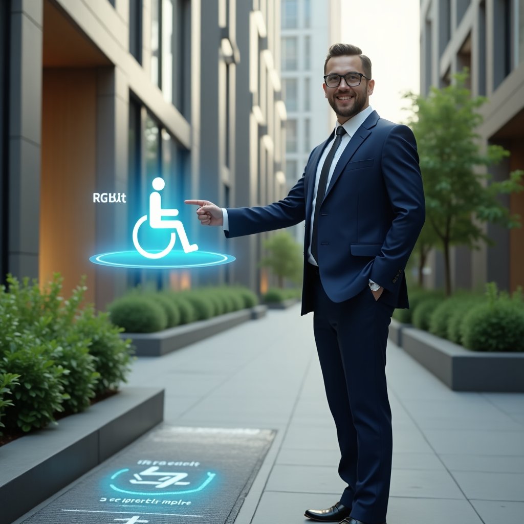 (Ultra-realistic condominium manager in a navy tailored suit, set in a modern luxury condominium environment with high-rise buildings and lush green landscaping, medium shot focusing on the character standing beside an accessibility ramp, pointing to a floating holographic wheelchair and tactile paving icons, optimistic and confident expression, cinematic lighting, shallow depth of field, highly detailed textures, realistic skin, photographic realism, 8k resolution --ar 1:1 --v 6)
