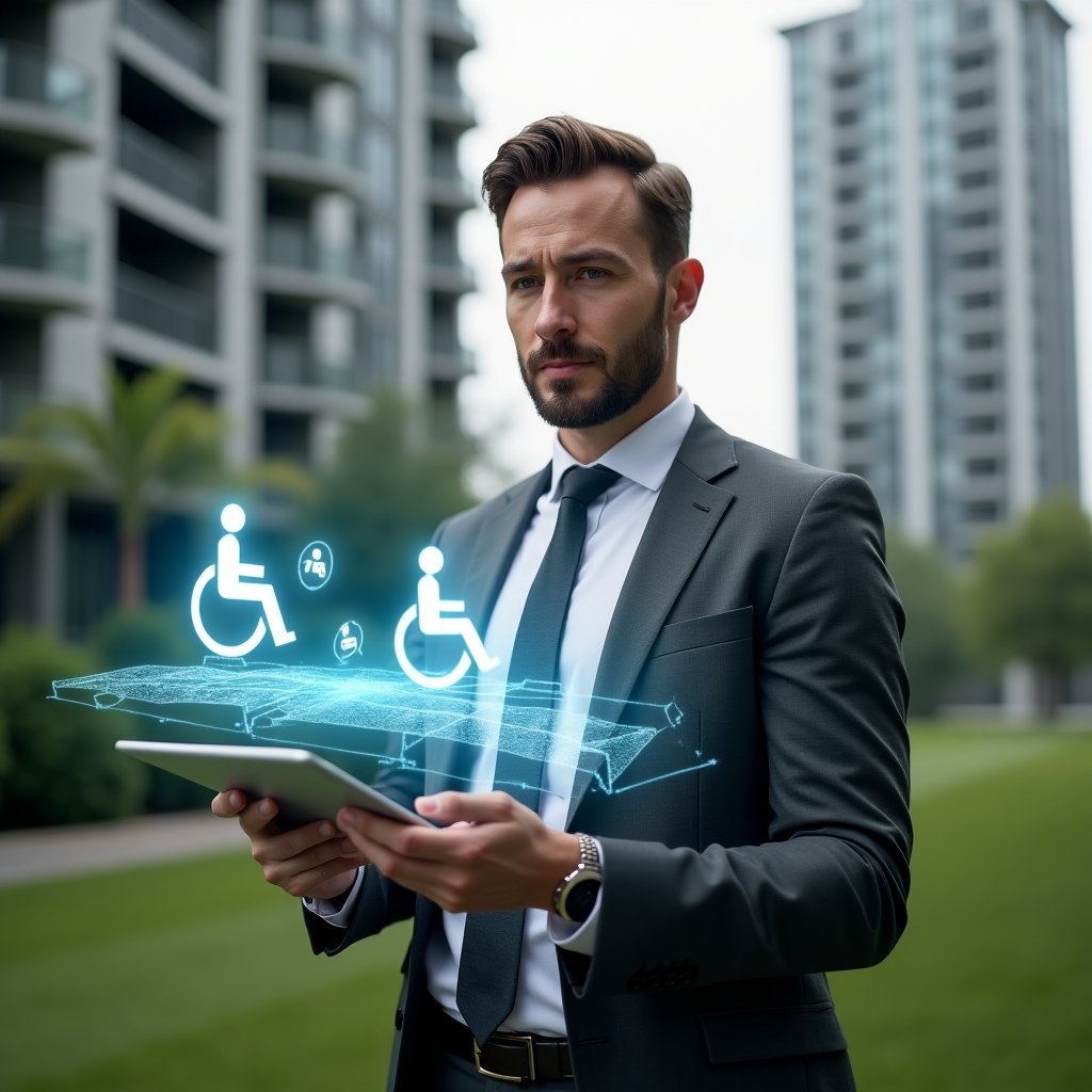 (Ultra-realistic property manager in a tailored charcoal gray suit, set in a modern luxury condominium environment with high-rise buildings and lush green landscaping, holding a digital tablet projecting a holographic accessibility ramp plan and floating wheelchair and braille icons, confident and thoughtful expression, cinematic lighting, shallow depth of field, highly detailed textures, realistic skin, photographic realism, 8k resolution --ar 1:1 --v 6)