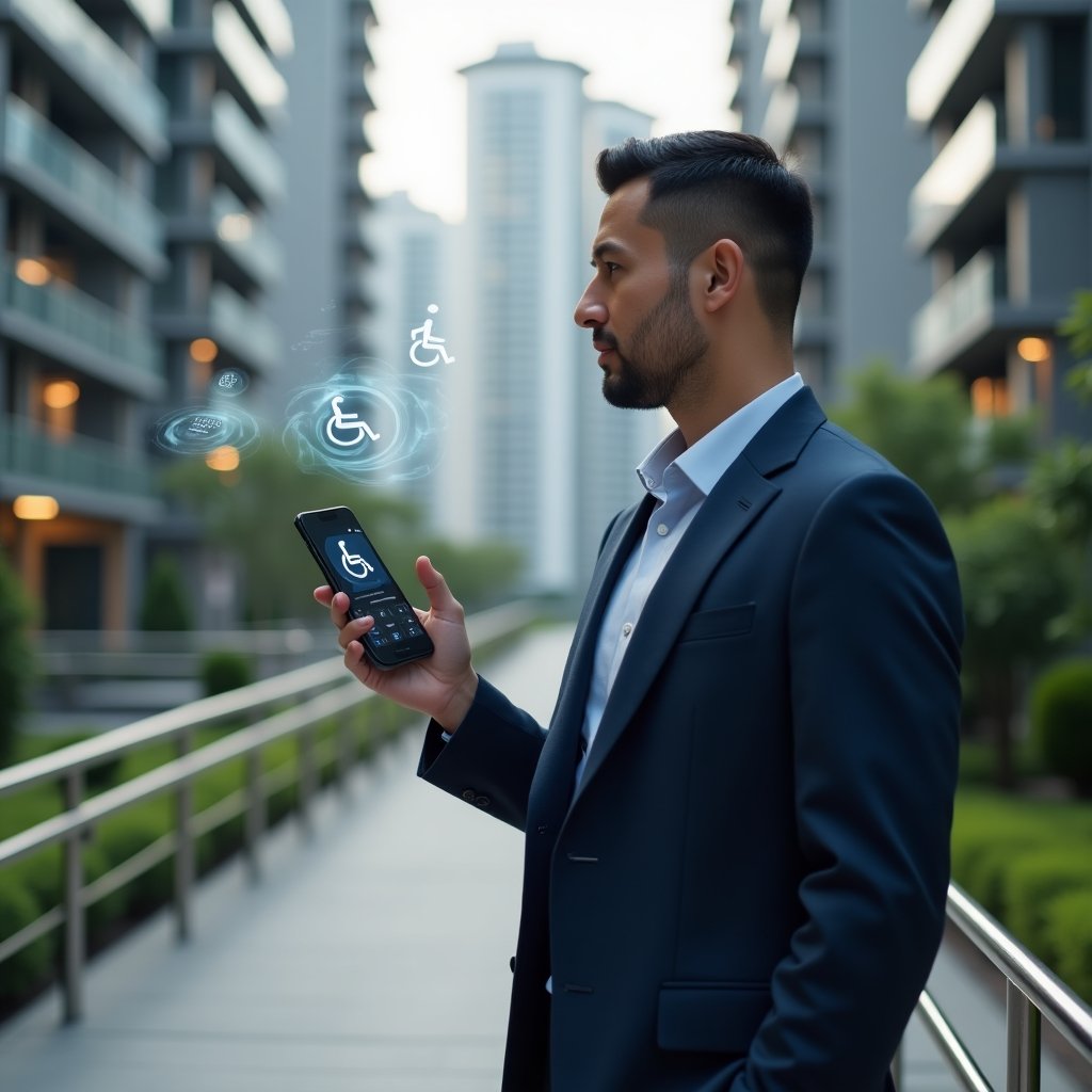 (Ultra-realistic condominium manager in a dark blue suit, set in a modern luxury condominium environment with high-rise buildings and green landscaping, confidently gesturing toward an accessible ramp while holding a smartphone displaying an inclusive condominium management app, holographic accessibility icons such as a wheelchair symbol and braille characters floating nearby, cinematic lighting, shallow depth of field, highly detailed textures, realistic skin, photographic realism, 8k resolution --ar 1:1 --v 6)