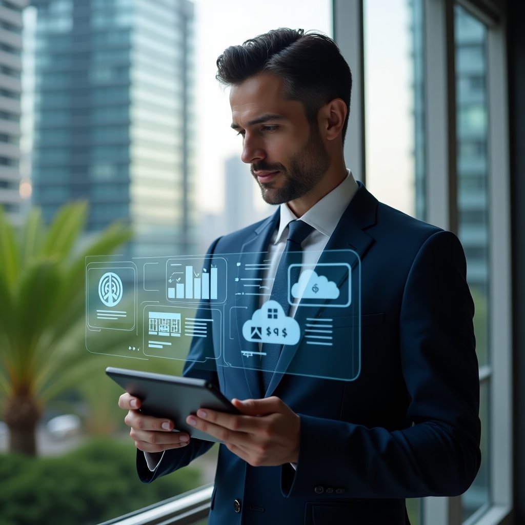 Ultra-realistic condominium manager in a sleek navy tailored suit, set in a modern luxury condominium environment with high-rise glass towers and meticulously landscaped greenery, confidently reviewing a floating holographic dashboard of financial charts and messaging icons on a tablet, symbolizing automated task management and seamless communication, cinematic lighting, shallow depth of field, highly detailed textures, realistic skin, photographic realism, 8k resolution --ar 1:1 --v 6