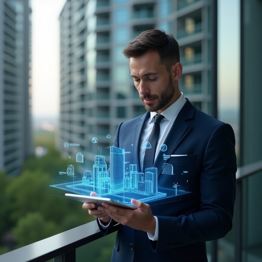 (Ultra-realistic condominium manager in a navy blue tailored suit, set in a modern luxury condominium environment with high-rise buildings and green landscaping, examining a digital tablet displaying holographic charts and building icons, interactive holographic UI elements floating around representing organization, transparency and efficiency, confident and focused expression, cinematic lighting, shallow depth of field, highly detailed textures, realistic skin, photographic realism, 8k resolution --ar 1:1 --v 6)