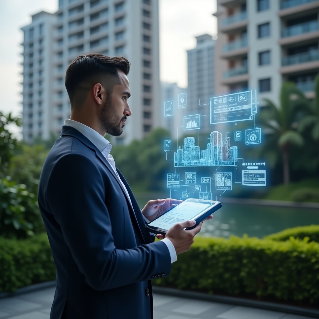 (Ultra-realistic condominium manager in a sleek dark blue suit, set in a modern luxury condominium environment with high-rise buildings and meticulously landscaped greenery, holding a tablet with a holographic interface displaying building layouts and maintenance notifications, analyzing data with a confident expression, holographic icons representing an condominium management app floating in the air, cinematic lighting, shallow depth of field, highly detailed textures, realistic skin, photographic realism, 8k resolution --ar 1:1 --v 6)