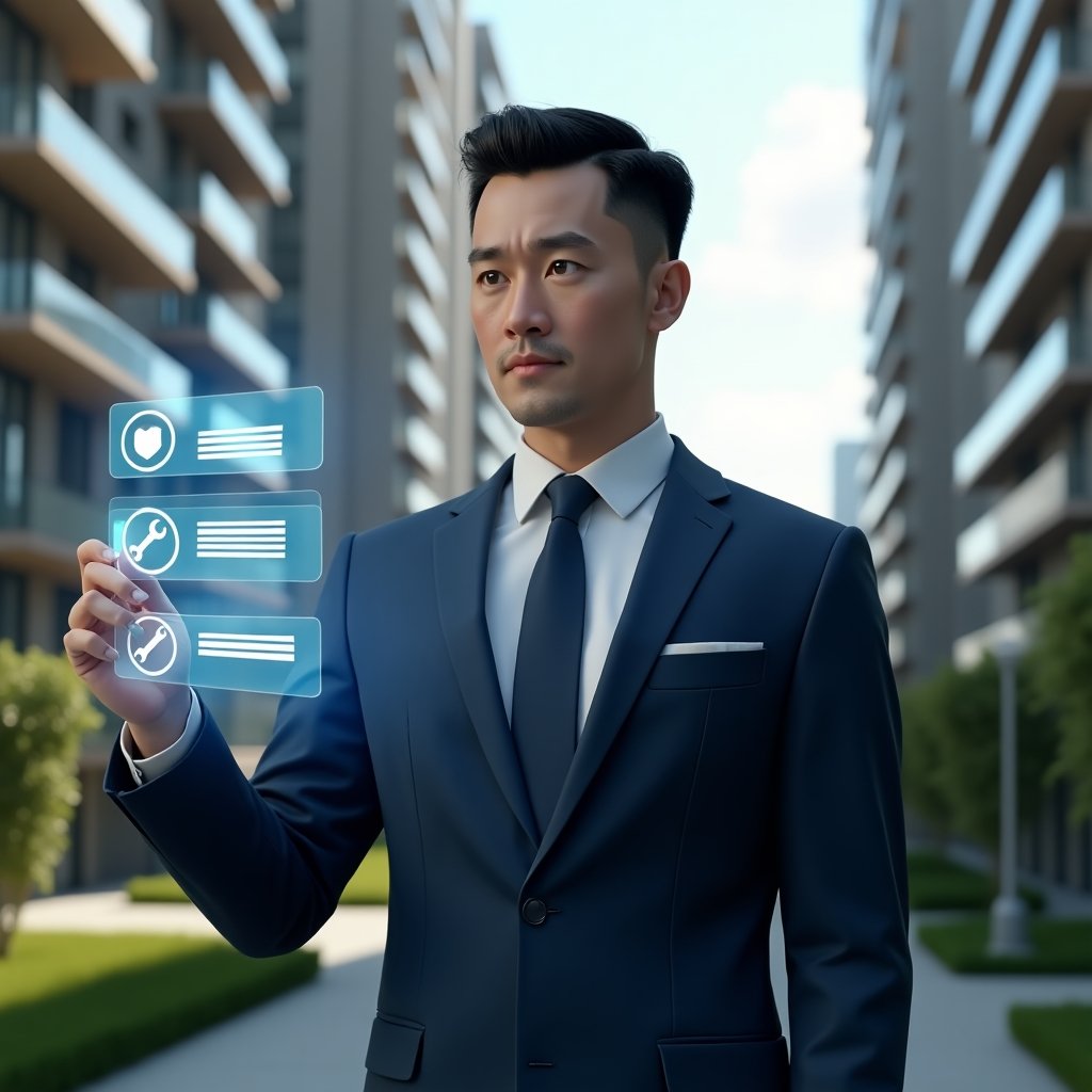 Ultra-realistic property manager in a navy blue executive suit, interacting with a floating holographic checklist displaying security shield icons, wrench tools, and chat bubbles, set in a modern luxury condominium environment with high-rise buildings and manicured green landscaping, confident and focused expression, cinematic lighting, shallow depth of field, highly detailed textures, realistic skin, photographic realism, 8k resolution --ar 1:1 --v 6