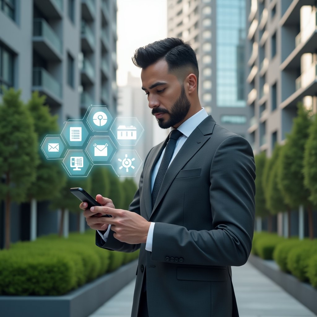 (Ultra-realistic condominium manager in a tailored charcoal gray suit, set in a modern luxury condominium environment with high-rise buildings and meticulously landscaped greenery, confidently interacting with a floating holographic condominium management app interface projected from a smartphone in his hand, thematic holographic icons of communication bubbles, calendar and financial charts orbiting around him, cinematic lighting, shallow depth of field, highly detailed textures, realistic skin, photographic realism, 8k resolution --ar 1:1 --v 6)