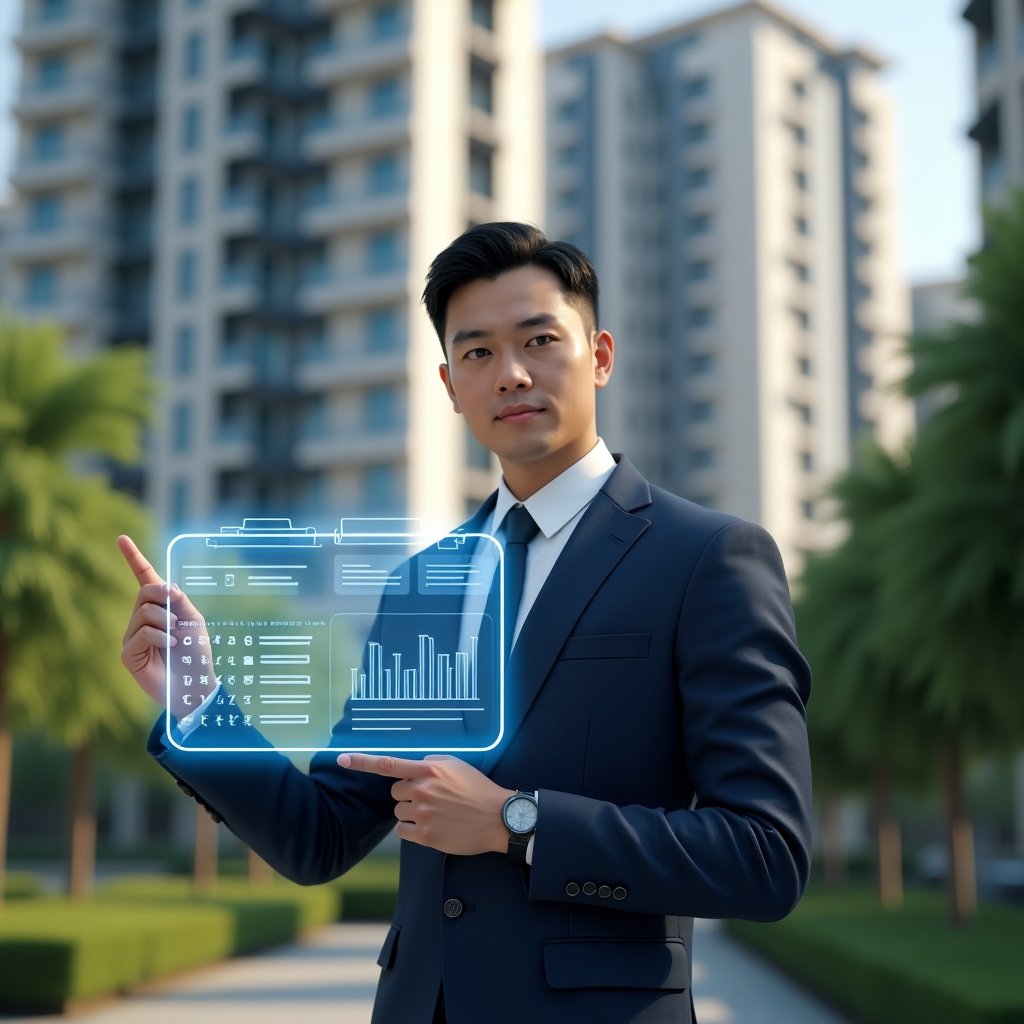 Ultra-realistic property manager in a dark blue business suit, set in a modern luxury condominium environment with high-rise buildings and lush green landscaping, pointing at a floating holographic dashboard showcasing chat bubbles, reservation calendar and financial graphs, confident expression, cinematic lighting, shallow depth of field, highly detailed textures, realistic skin, photographic realism, 8k resolution --ar 1:1 --v 6