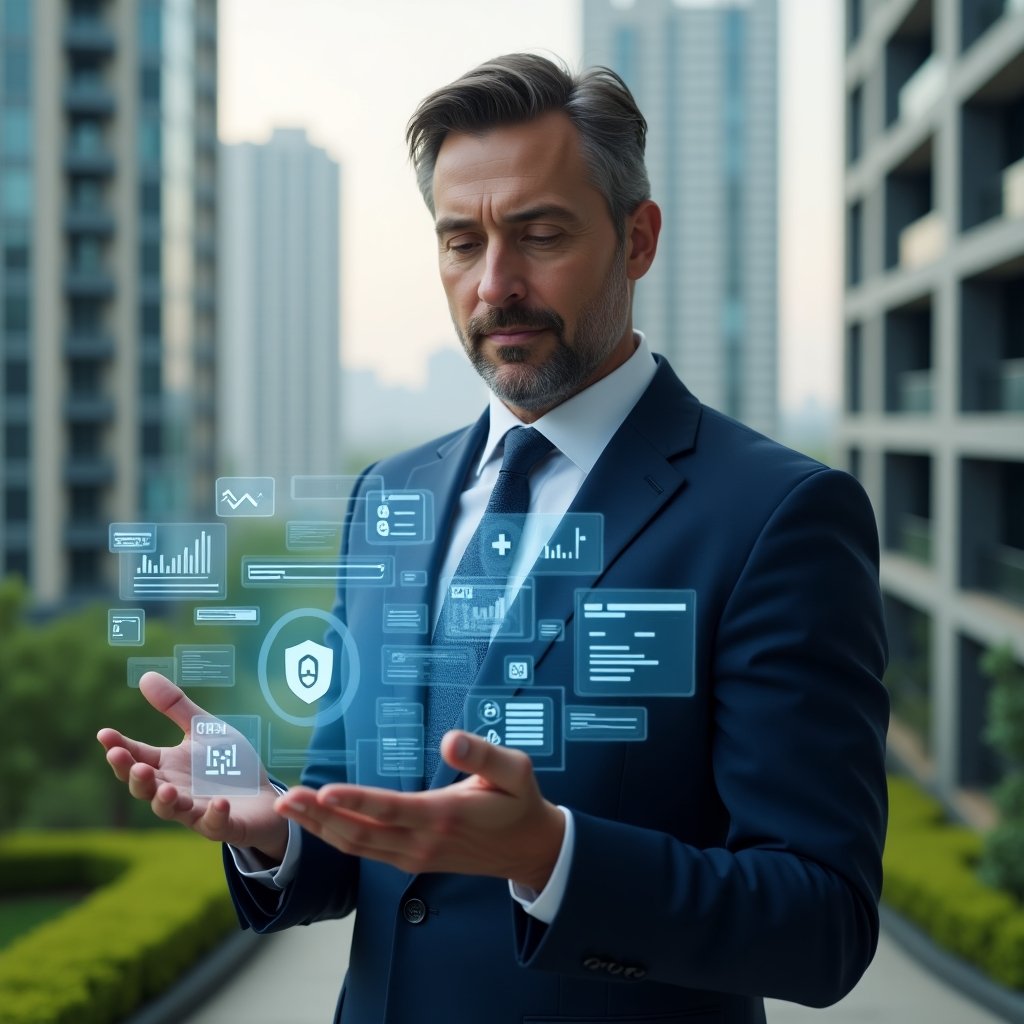 (Ultra-realistic condo manager in a navy blue suit, set in a modern luxury condominium environment with high-rise buildings and green landscaping, interacting with a holographic interface displaying icons for reservations, financial charts, chat bubbles and a security shield, confident and focused expression, cinematic lighting, shallow depth of field, highly detailed textures, realistic skin, photographic realism, 8k resolution --ar 1:1 --v 6)