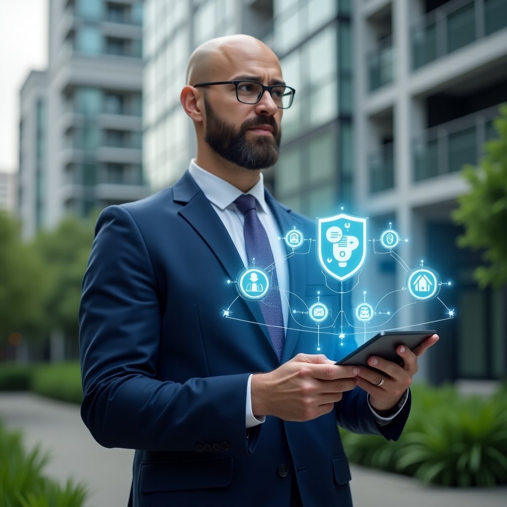 Ultra-realistic condominium manager in a navy blue executive suit, set in a modern luxury condominium environment with high-rise buildings and lush green landscaping, holding a digital tablet displaying a holographic condominium management app interface with icons for tasks, security shield and speech bubbles, confidently interacting with the holograms, cinematic lighting, shallow depth of field, highly detailed textures, realistic skin, photographic realism, 8k resolution --ar 1:1 --v 6