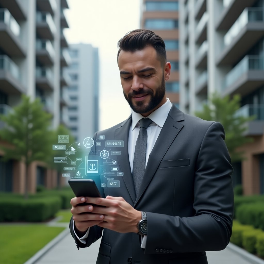 (Ultra-realistic condominium manager in a tailored charcoal gray suit, set in a modern luxury condominium environment with high-rise buildings and manicured green landscaping, holding a smartphone displaying a holographic condominium management app interface, floating icons of tasks, schedules and maintenance around the device, confident and engaged expression, cinematic lighting, shallow depth of field, highly detailed textures, realistic skin, photographic realism, 8k resolution --ar 1:1 --v 6)