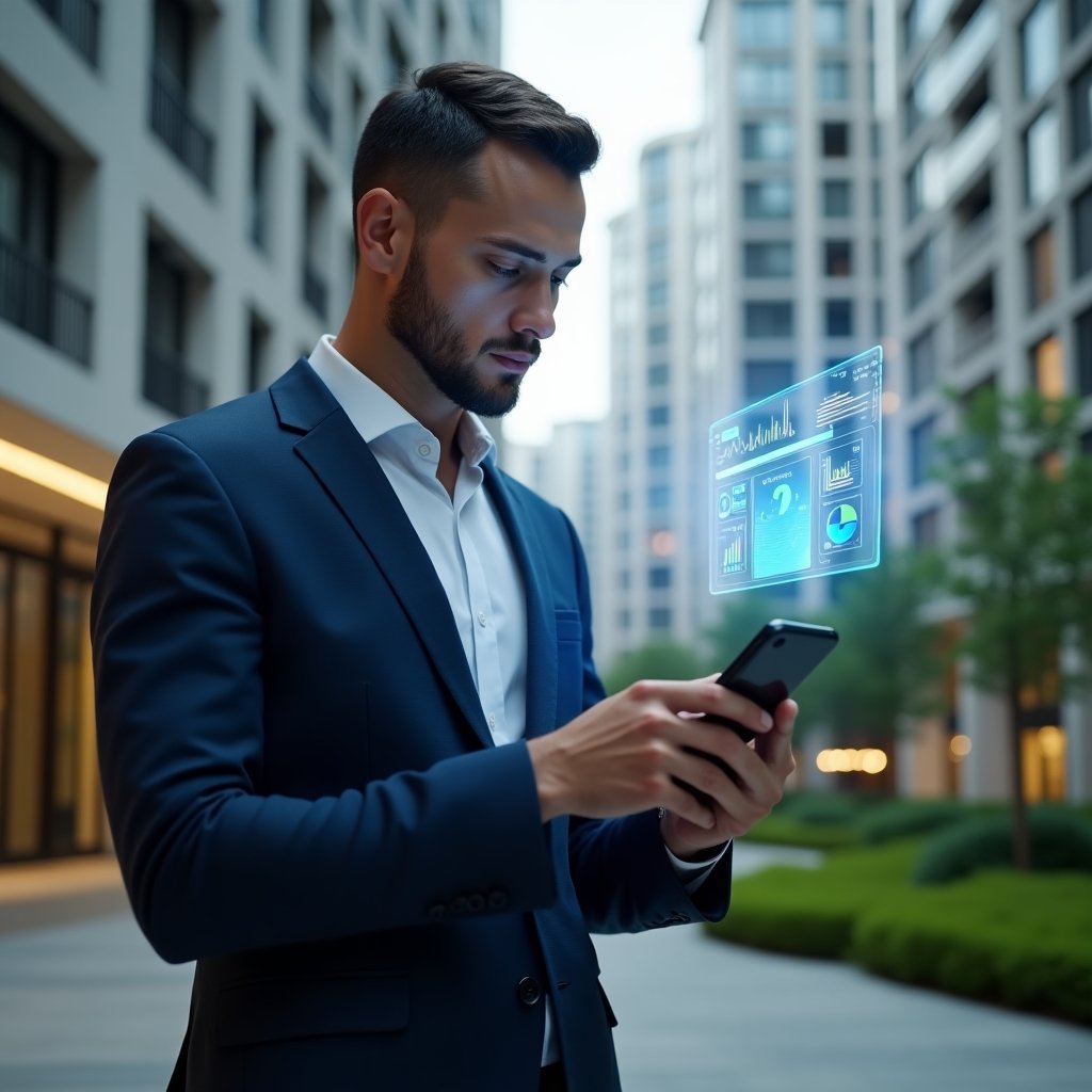 Ultra-realistic condominium manager in a dark blue business suit, set in a modern luxury condominium environment with high-rise buildings and manicured green spaces, analyzing a floating holographic condominium management dashboard projected from a smartphone, confident and focused expression, cinematic lighting, shallow depth of field, highly detailed textures, realistic skin, photographic realism, 8k resolution --ar 1:1 --v 6