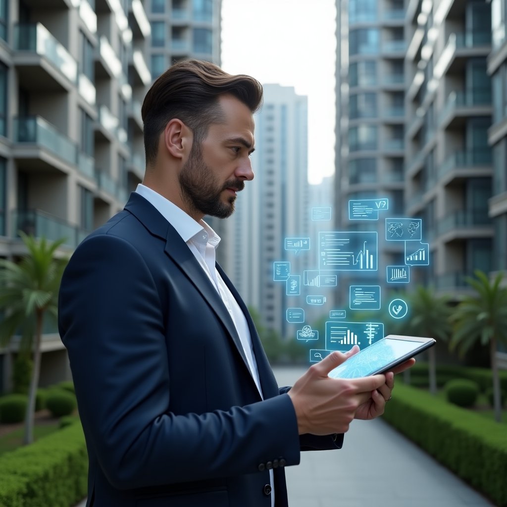 Ultra-realistic condominium manager in a navy blue suit, set in a modern luxury condominium environment with high-rise buildings and well-manicured green landscaping, mid-shot holding a tablet projecting holographic financial charts, chat bubbles and task icons, confident expression analyzing data, cinematic lighting, shallow depth of field, highly detailed textures, realistic skin, photographic realism, 8k resolution --ar 1:1 --v 6