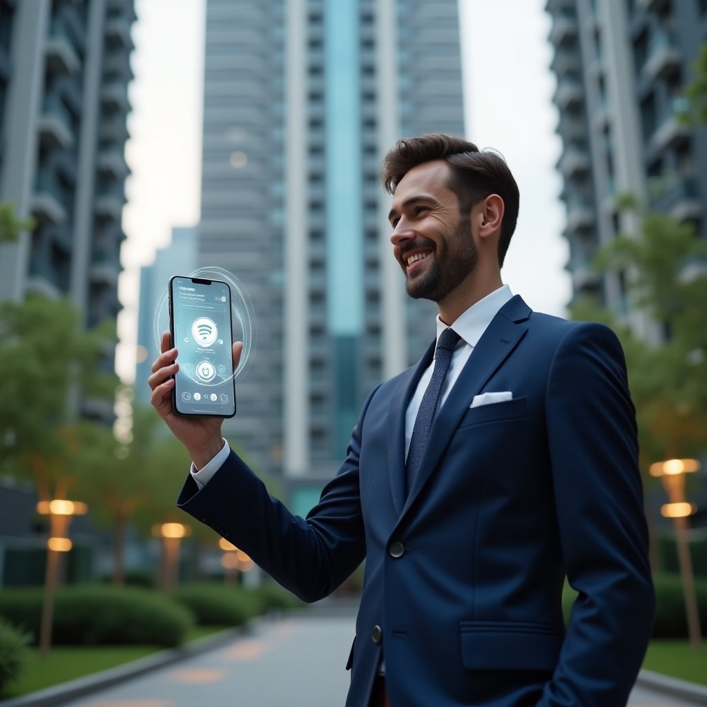 (Ultra-realistic condominium manager in a navy blue business suit, set in a modern luxury condominium environment with sleek high-rise buildings and meticulously manicured greenery, medium shot of the manager confidently interacting with a floating holographic smartphone interface displaying app icons for communication, task automation, and transparency, expressive smile, cinematic lighting, shallow depth of field, highly detailed textures, realistic skin, photographic realism, 8k resolution --ar 1:1 --v 6)