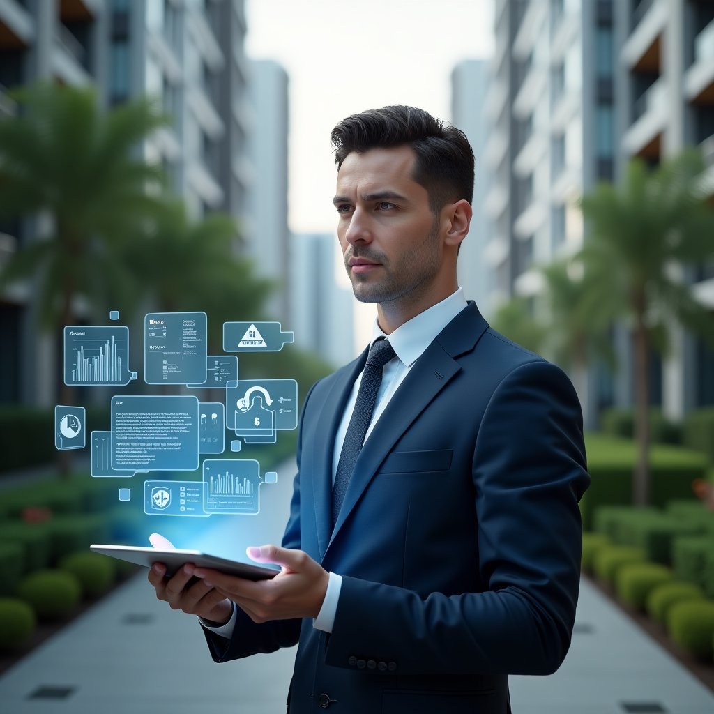 (Ultra-realistic condominium manager in a tailored navy blue suit, set in a modern luxury condominium environment with high-rise buildings and lush green landscaping, holding a futuristic tablet projecting a holographic condominium management app interface with chat bubbles, financial graphs and security icons, confident and engaged expression, cinematic lighting, shallow depth of field, highly detailed textures, realistic skin, photographic realism, 8k resolution --ar 1:1 --v 6)