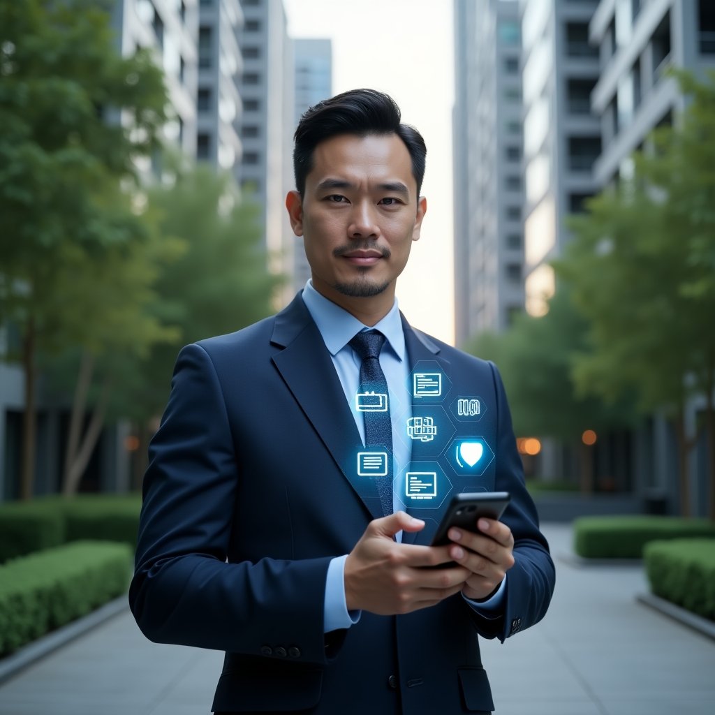 (Ultra-realistic condominium manager in a dark blue tailored suit, set in a modern luxury condominium environment with high-rise buildings and lush green landscaping, holding a smartphone with a holographic condominium management app projecting icons of chat bubbles, financial charts, and a security shield, confident and focused expression, cinematic lighting, shallow depth of field, highly detailed textures, realistic skin, photographic realism, 8k resolution --ar 1:1 --v 6)
