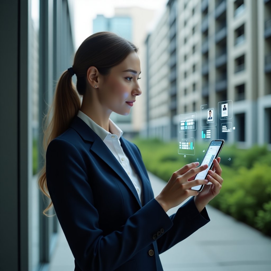 (Ultra-realistic condominium manager in a tailored navy suit, set in a modern luxury condominium environment with high-rise buildings and lush green landscaping, medium shot of a professional woman confidently interacting with a holographic smartphone interface displaying chat bubbles, bar charts and calendar icons, cinematic lighting, shallow depth of field, highly detailed textures, realistic skin, photographic realism, 8k resolution --ar 1:1 --v 6)