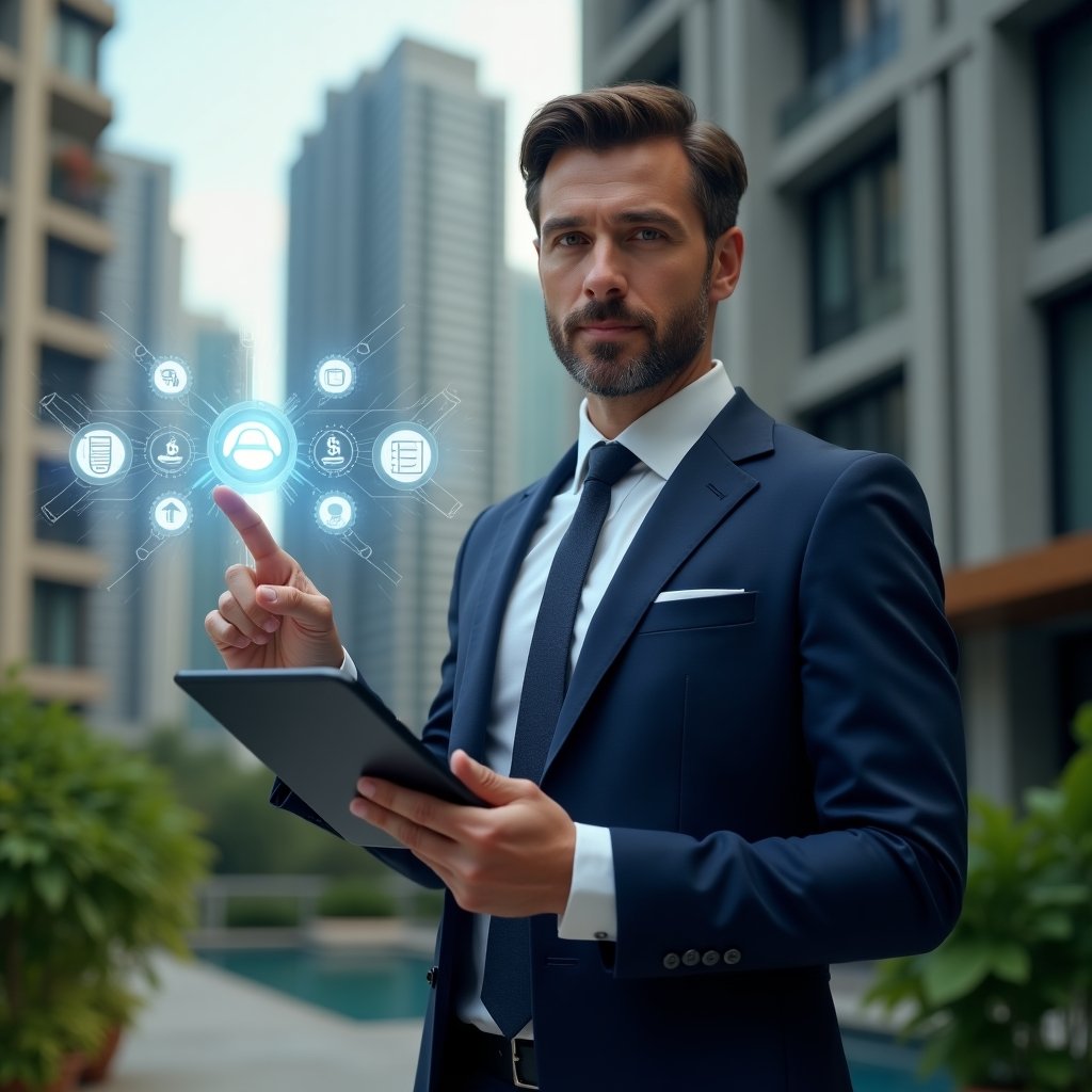 Ultra-realistic condominium manager in a navy blue tailored suit, set in a modern luxury condominium environment with high-rise buildings and green landscaping, holding a tablet and pointing at a floating holographic condominium management app interface with icons for communication, finance and reservations, confident and focused expression, cinematic lighting, shallow depth of field, highly detailed textures, realistic skin, photographic realism, 8k resolution --ar 1:1 --v 6