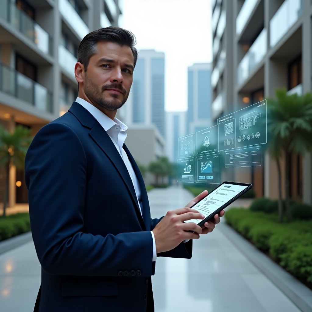 Ultra-realistic condominium manager in a navy blue executive suit, holding a tablet displaying a floating holographic condominium management dashboard with icons, charts and checklists, set in a modern luxury condominium courtyard with high-rise glass buildings and manicured greenery, confident and focused expression, cinematic lighting, shallow depth of field, highly detailed textures, realistic skin, photographic realism, 8k resolution --ar 1:1 --v 6