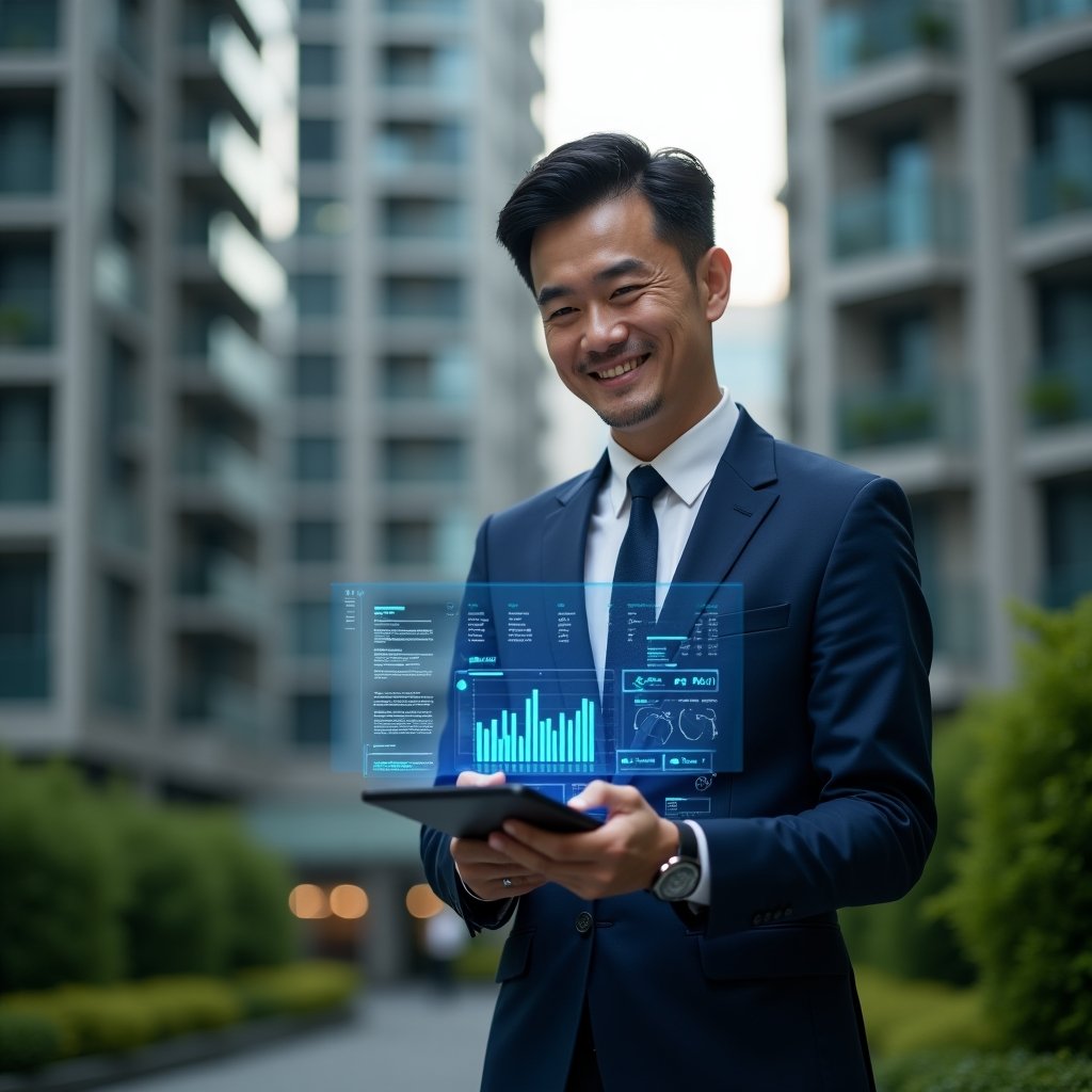 (Ultra-realistic condominium manager in a navy blue executive suit, set in a modern luxury condominium environment with high-rise buildings and well-manicured green landscaping, holding a tablet displaying a futuristic holographic dashboard of a condominium management app, confidently analyzing real-time data with a slight smile, cinematic lighting, shallow depth of field, highly detailed textures, realistic skin, photographic realism, 8k resolution --ar 1:1 --v 6)