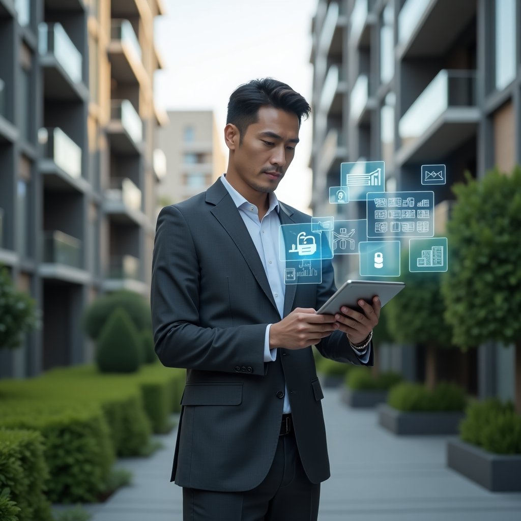 Ultra-realistic condominium manager in a charcoal grey tailored suit, set in a modern luxury condominium environment with high-rise buildings and manicured green landscaping, mid shot of a confident professional interacting with a tablet displaying a floating holographic dashboard of communication bubbles, financial charts and security lock icons, cinematic lighting, shallow depth of field, highly detailed textures, realistic skin, photographic realism, 8k resolution --ar 1:1 --v 6