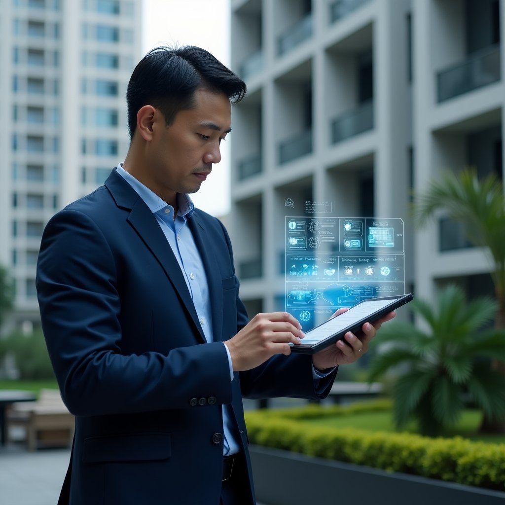 Ultra-realistic condominium manager in a navy blue executive suit, set in a modern luxury condominium environment with high-rise buildings and green landscaping, examining a transparent holographic tablet interface displaying a condominium management dashboard, with floating icons for communication, task scheduling, and cost reduction, cinematic lighting, shallow depth of field, highly detailed textures, realistic skin, photographic realism, 8k resolution --ar 1:1 --v 6