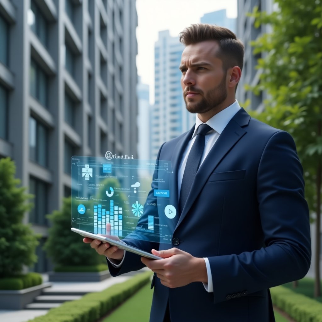 (Ultra-realistic condominium manager in a navy blue tailored suit, set in a modern luxury condominium environment with high-rise buildings and well-manicured green landscaping, holding a tablet displaying a holographic condominium management dashboard, floating app icons and digital charts around them, confident and focused expression, cinematic lighting, shallow depth of field, highly detailed textures, realistic skin, photographic realism, 8k resolution --ar 1:1 --v 6)