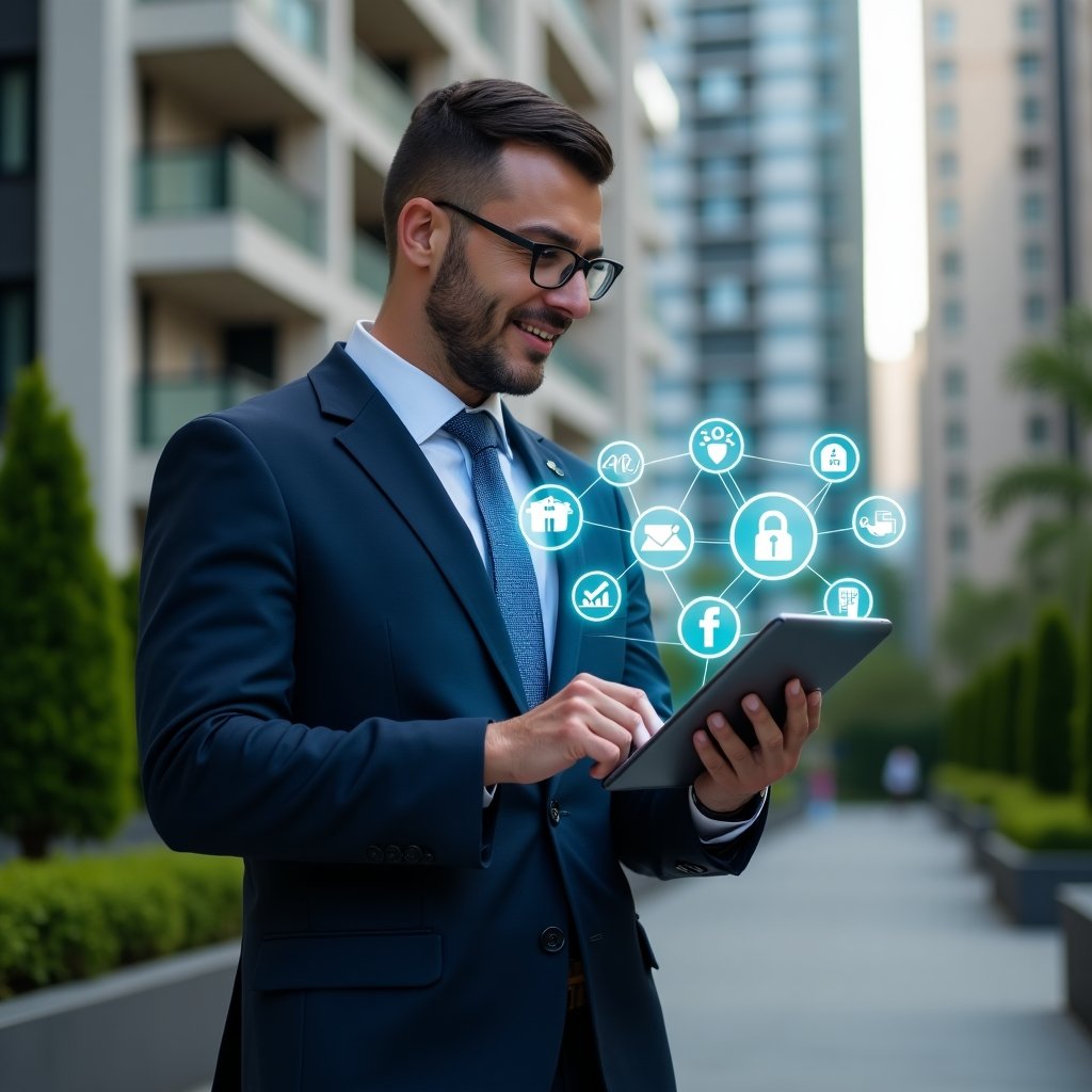 (Ultra-realistic property manager in a tailored navy blue suit, set in a modern luxury condominium environment with high-rise buildings and manicured green landscaping, holding a tablet projecting holographic icons of chat bubbles, financial charts, security shields and maintenance tools, confidently analyzing data, cinematic lighting, shallow depth of field, highly detailed textures, realistic skin, photographic realism, 8k resolution --ar 1:1 --v 6)