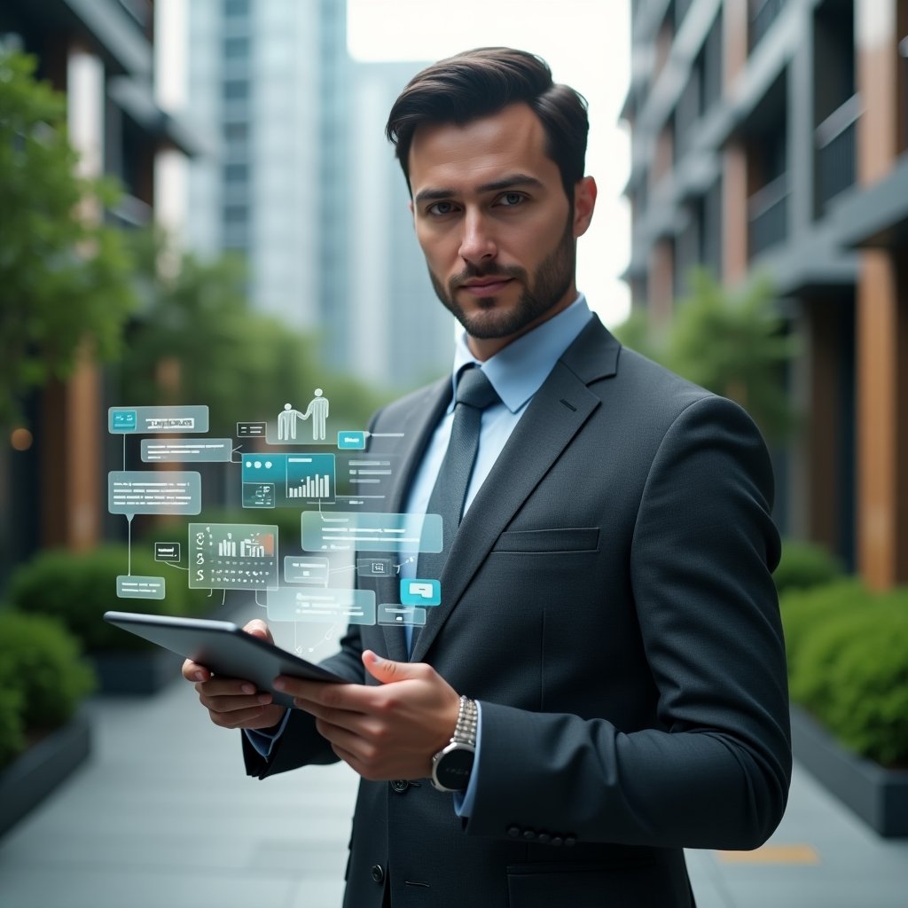 Ultra-realistic condominium manager in a charcoal gray tailored suit, set in a modern luxury condominium environment with high-rise buildings and lush green landscaping, holding a tablet displaying a holographic interface of chat bubbles, financial charts and notification icons, confident and focused expression, cinematic lighting, shallow depth of field, highly detailed textures, realistic skin, photographic realism, 8k resolution --ar 1:1 --v 6